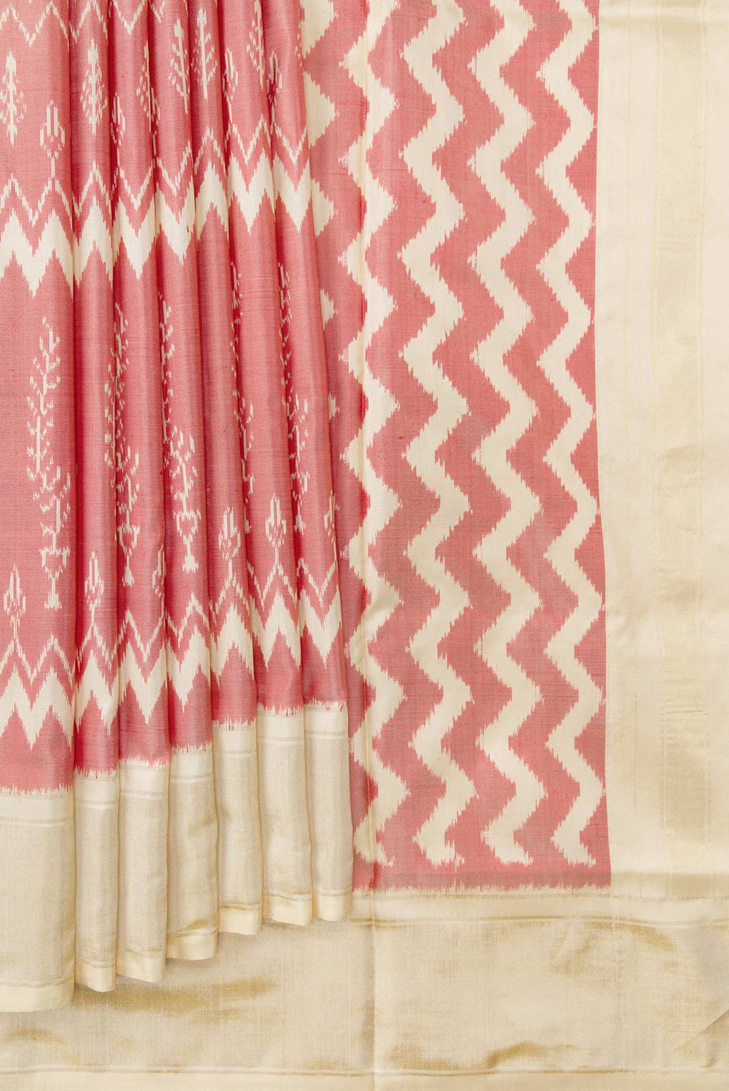 Pleats and pallu of Coral Pochampally Silk Saree with Pure Ikat on the body and Zari Border