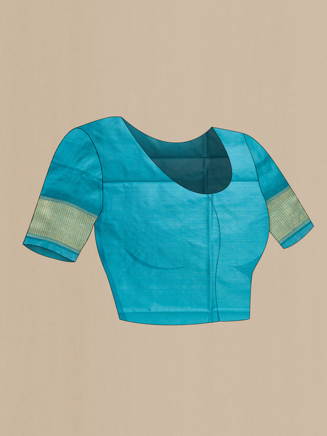 Close up image of the blouse of Peacock Blue Dual Tone Double Ikat Saree with Ikat Print on the body and Zari Border. 