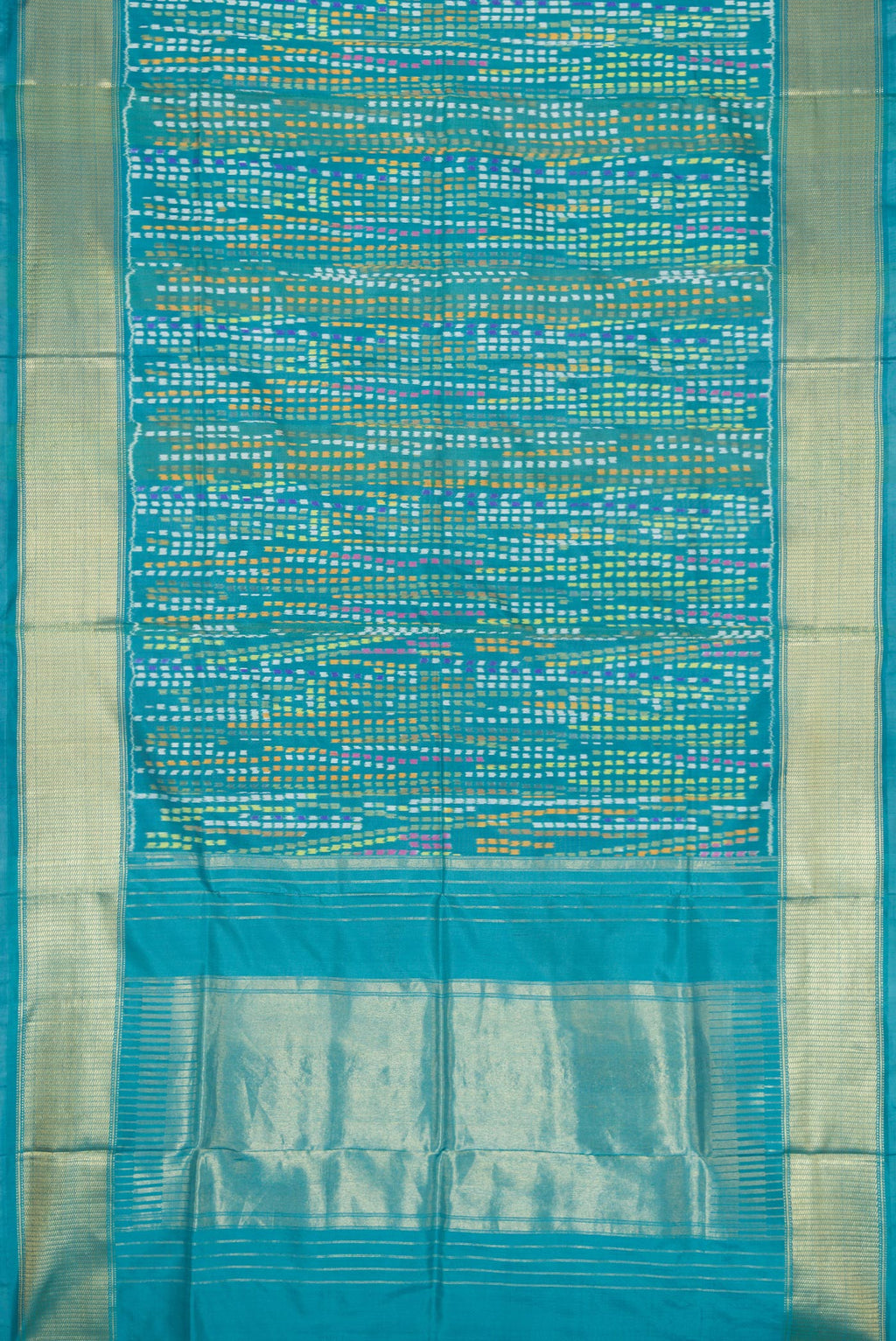 Flat view of Peacock Blue Dual Tone Double Ikat Saree with Ikat Print on the body and Zari Border. 