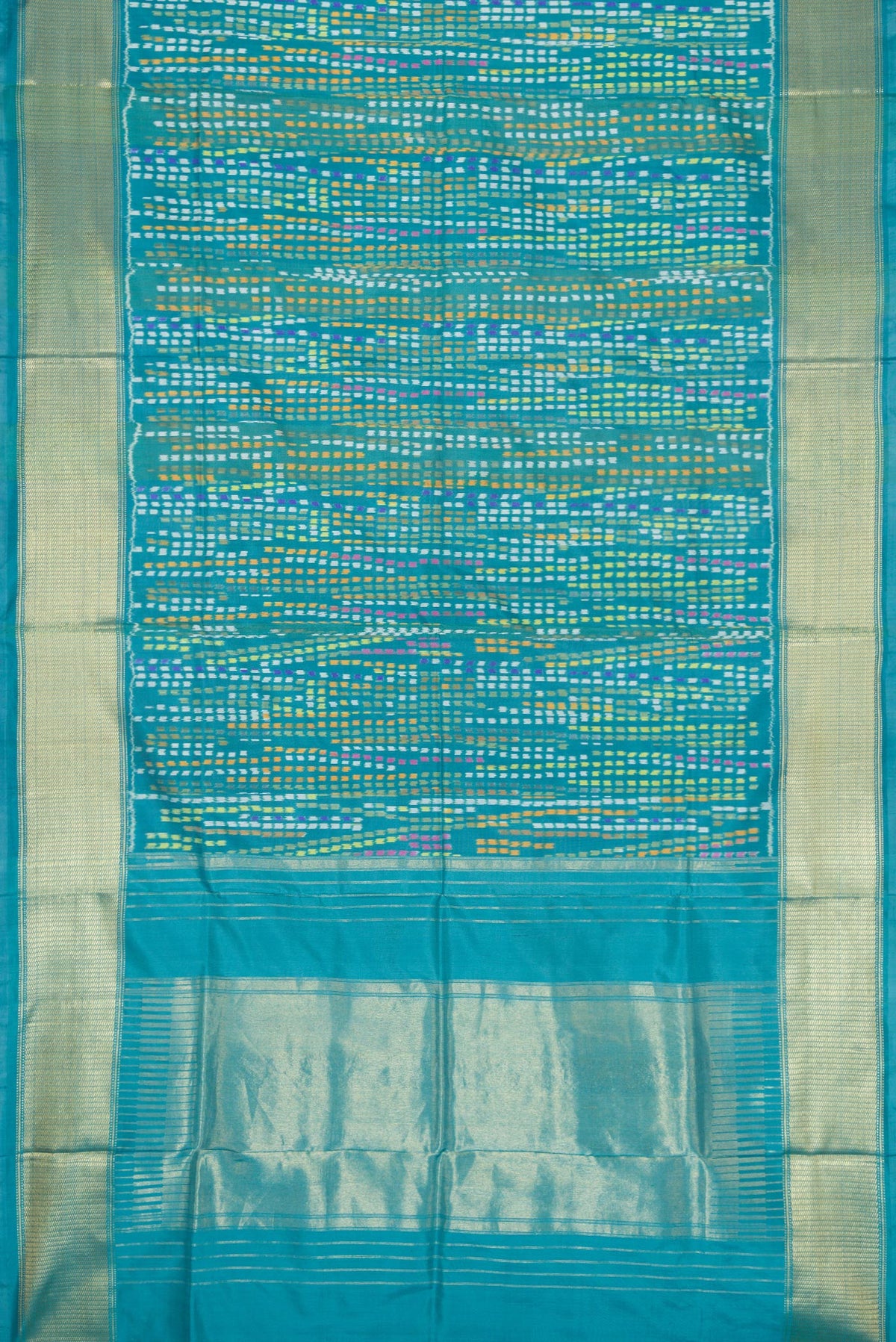 Flat view of Peacock Blue Dual Tone Double Ikat Saree with Ikat Print on the body and Zari Border. 