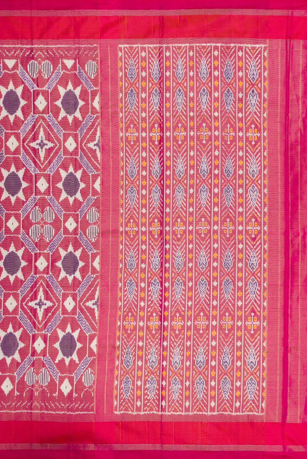 Close up image of the pallu of Pink Dual Tone Double Ikat Saree with Ikat Print on the body and Zari Border. 