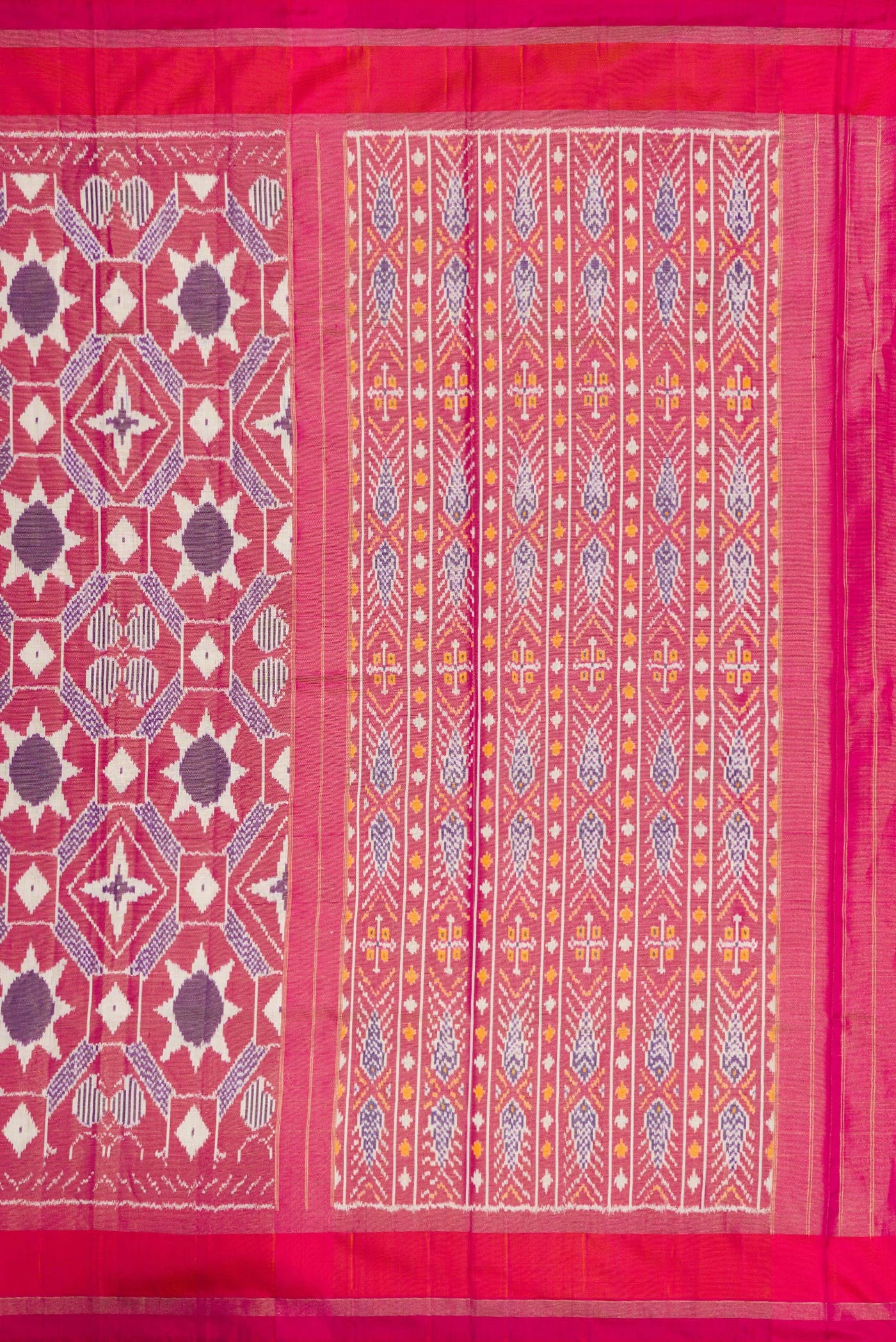 Close up image of the pallu of Pink Dual Tone Double Ikat Saree with Ikat Print on the body and Zari Border. 