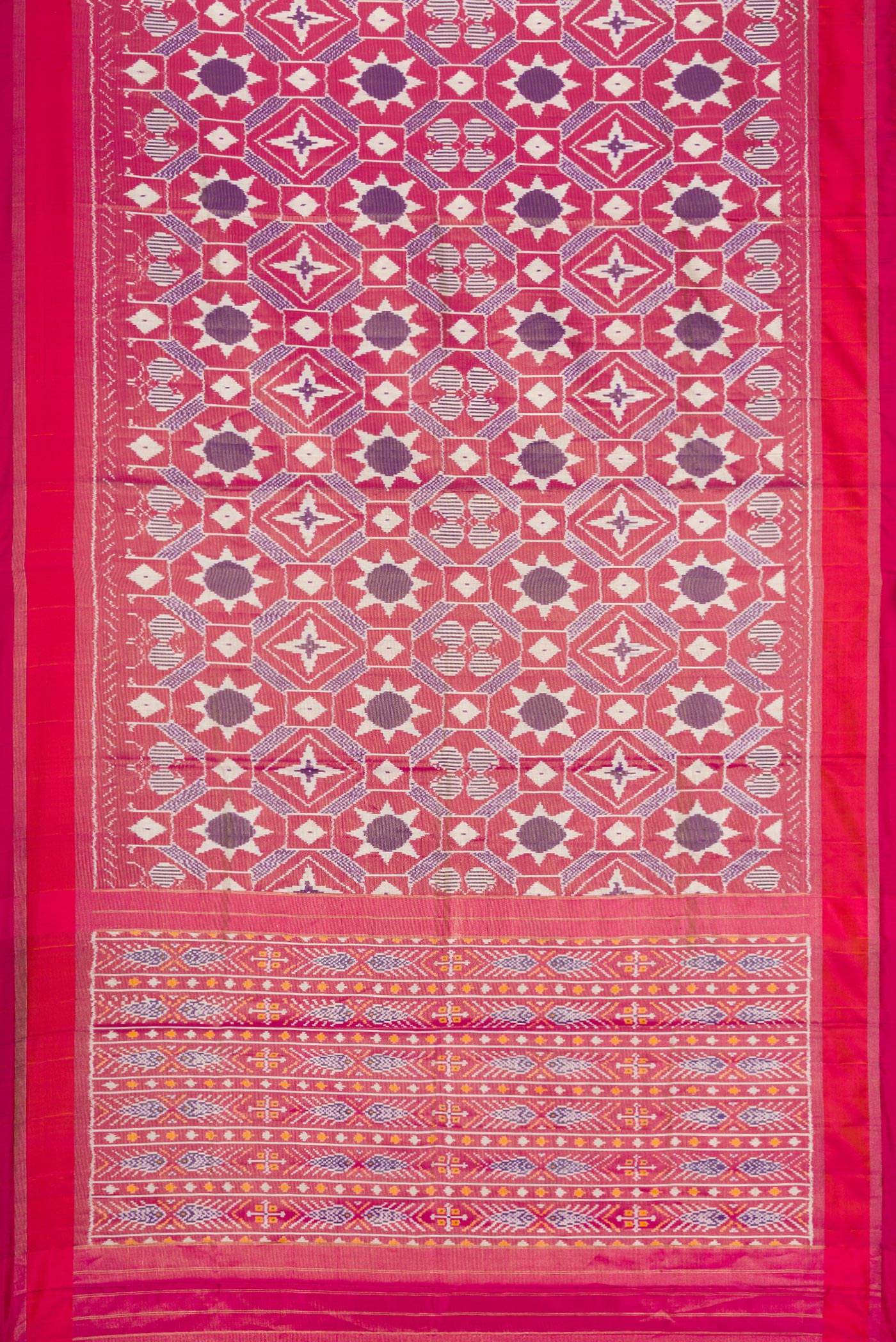 Flat view of Pink Dual Tone Double Ikat Saree with Ikat Print on the body and Zari Border. 