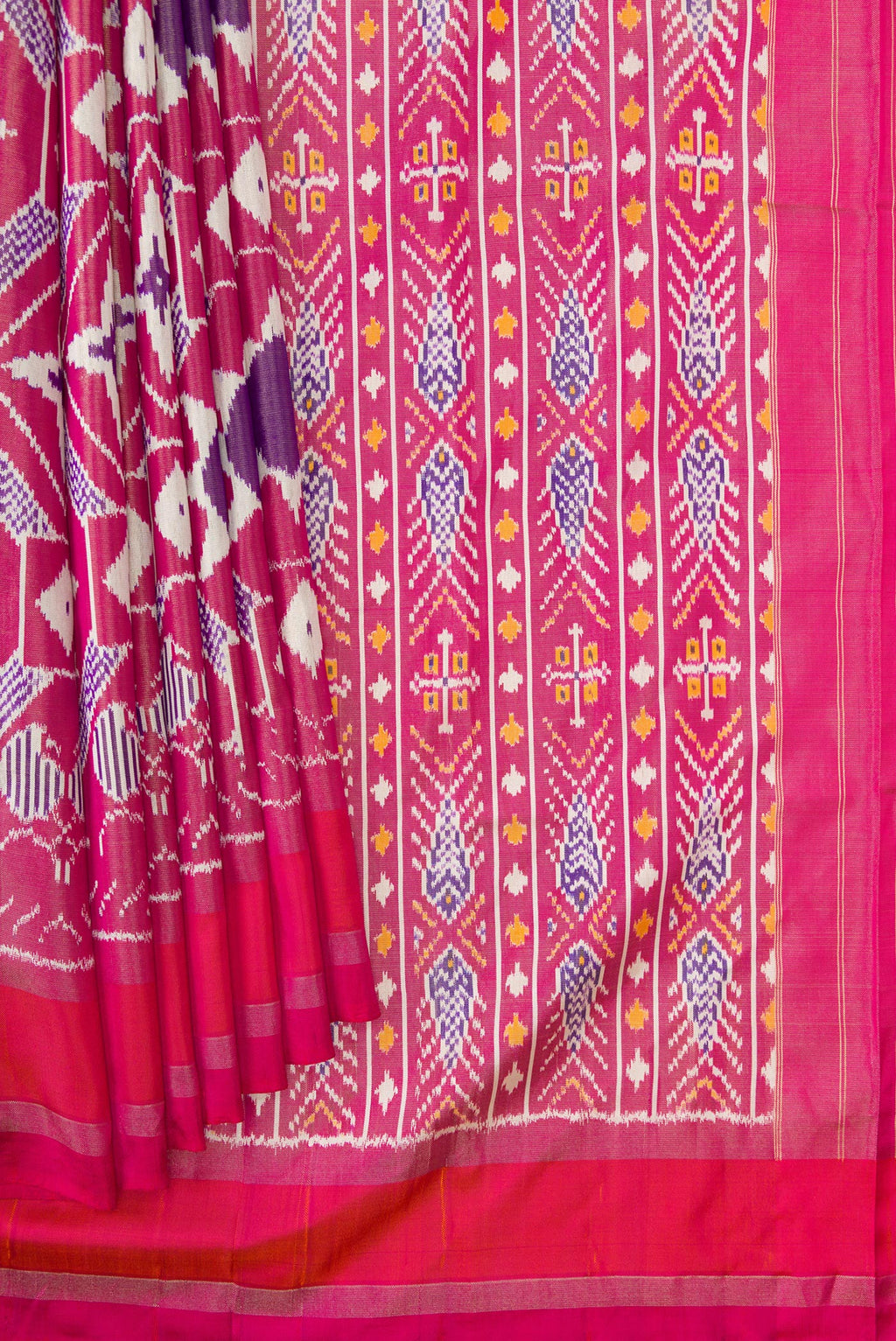 Pleats and pallu of Pink Dual Tone Double Ikat Saree with Ikat Print on the body and Zari Border. 