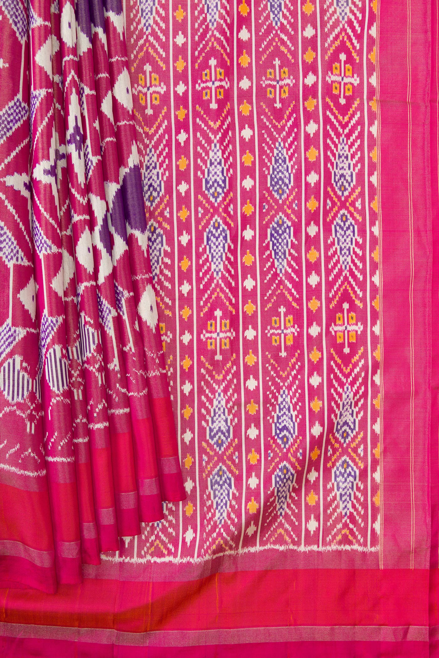 Pleats and pallu of Pink Dual Tone Double Ikat Saree with Ikat Print on the body and Zari Border. 
