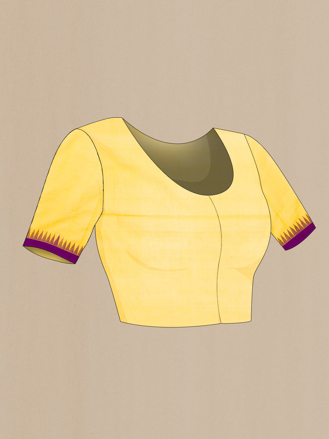 Close up image of the blouse of Yellow Dual Tone Uppada Silk Saree with Plain Body and Thread Border. 