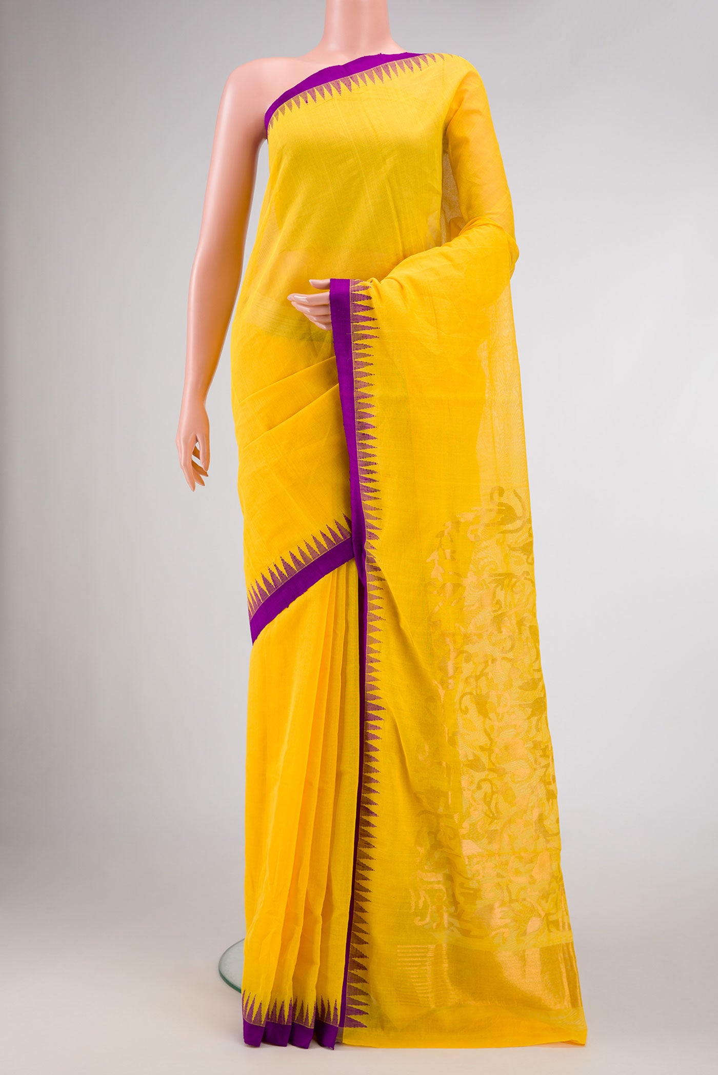 Yellow Dual Tone Uppada Silk Saree with Plain Body and Thread Border.  displayed on a mannequin