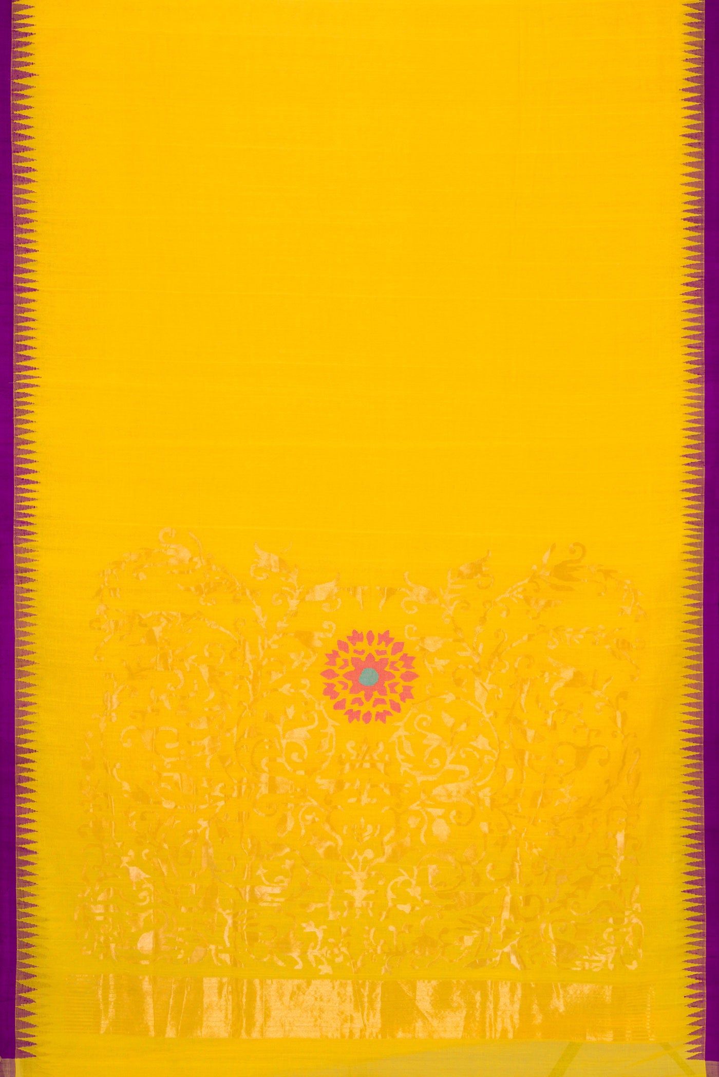 Flat view of Yellow Dual Tone Uppada Silk Saree with Plain Body and Thread Border. 