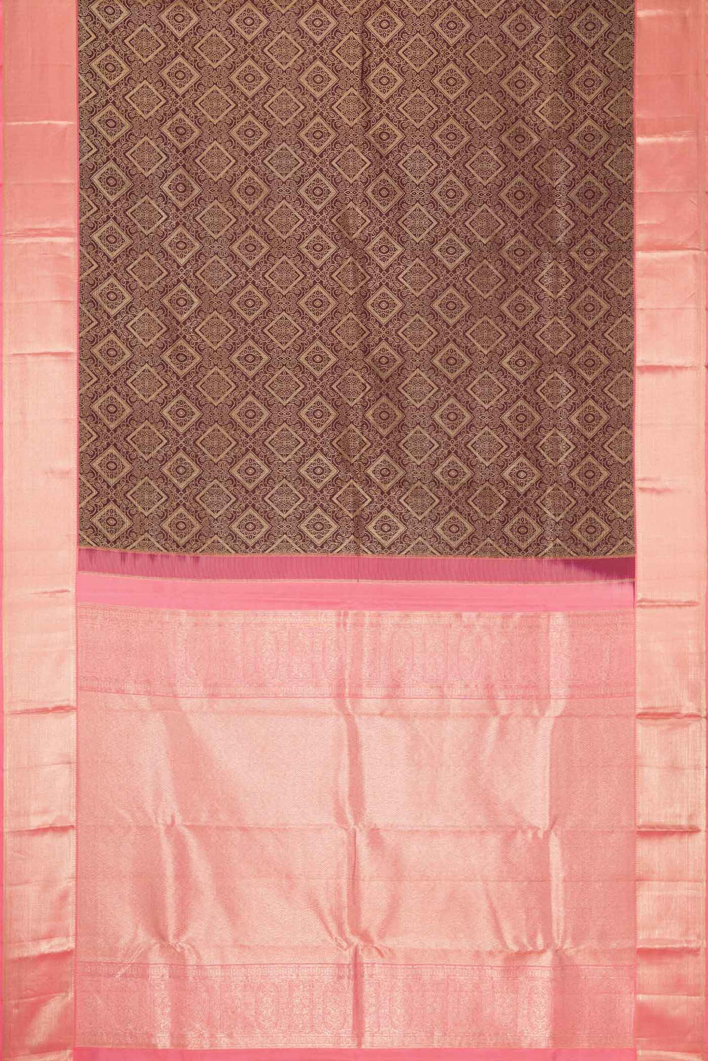 Flat view of Coffee Brown Dual Tone Kanchipuram Silk Saree with Zari Brocade on the body and Zari Border. 