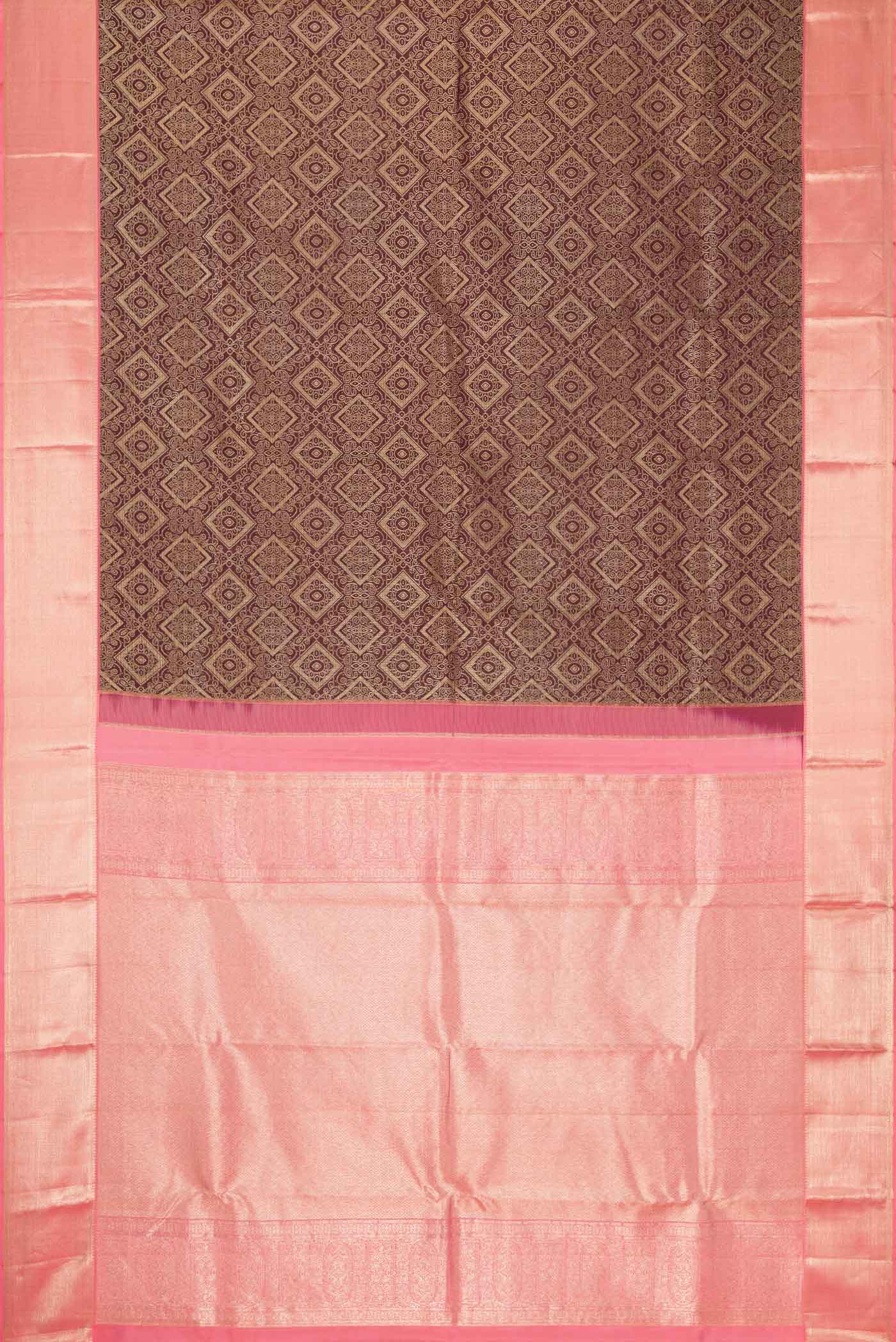 Flat view of Coffee Brown Dual Tone Kanchipuram Silk Saree with Zari Brocade on the body and Zari Border. 