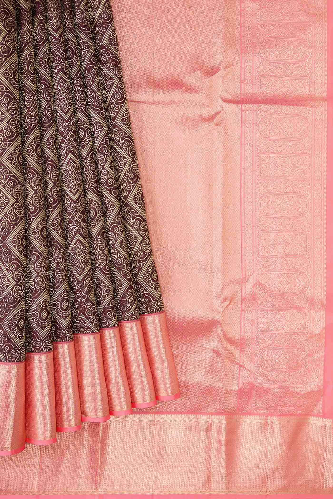 Pleats and pallu of Coffee Brown Dual Tone Kanchipuram Silk Saree with Zari Brocade on the body and Zari Border. 