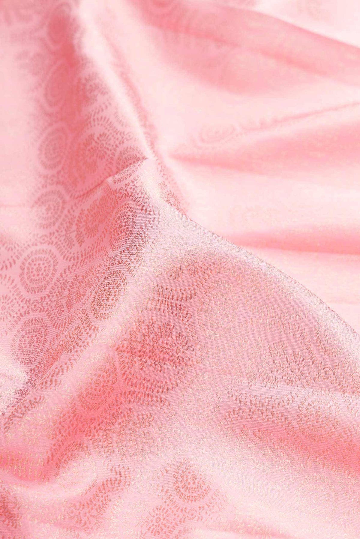 Close up of Rose pink Dual Tone Kanchipuram Silk Saree with Zari Brocade on the body and Zari Border displaying folds