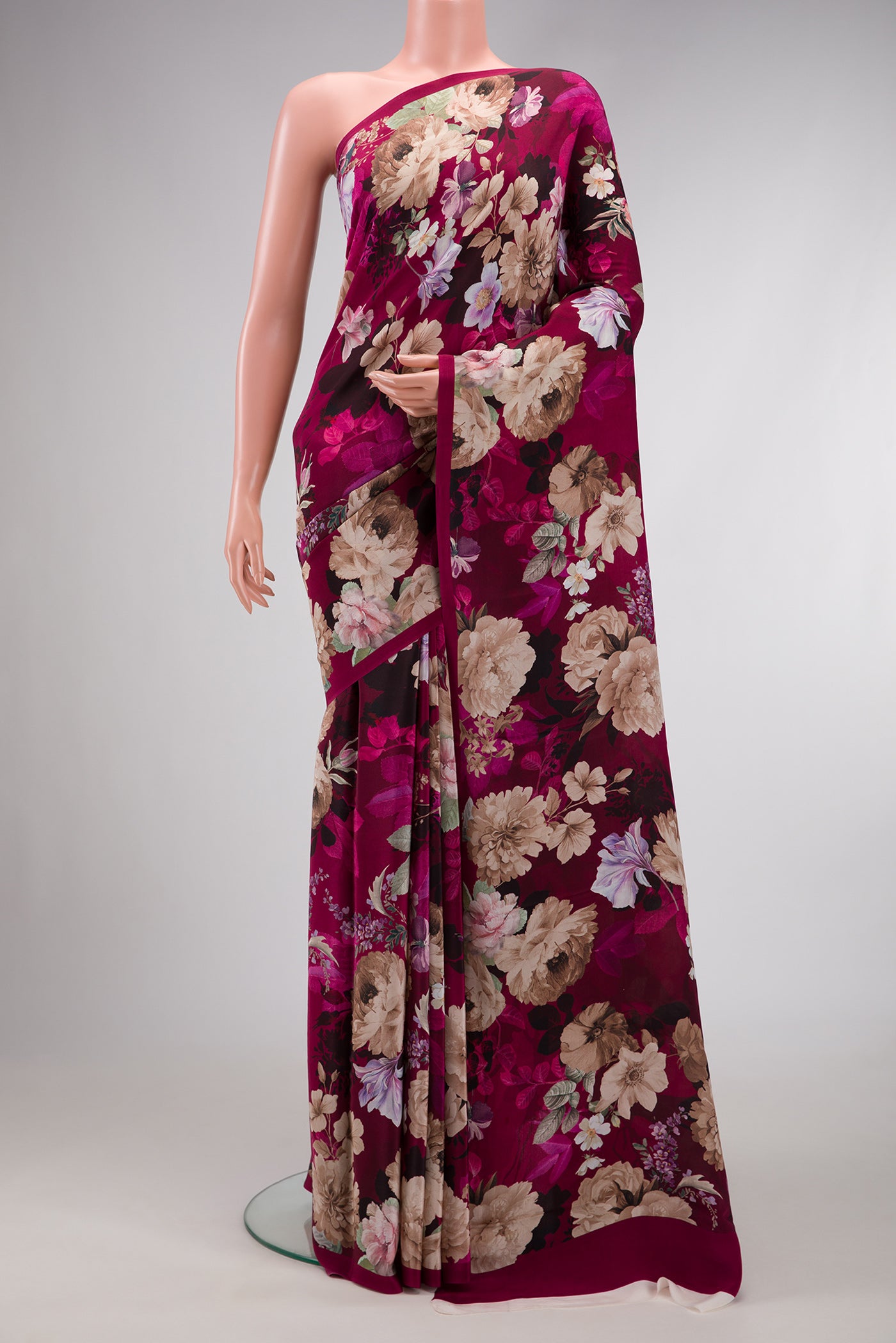 Burgundy Dual Tone Mysore Crepe Saree with Printed design on the body and Plain Border.  displayed on a mannequin