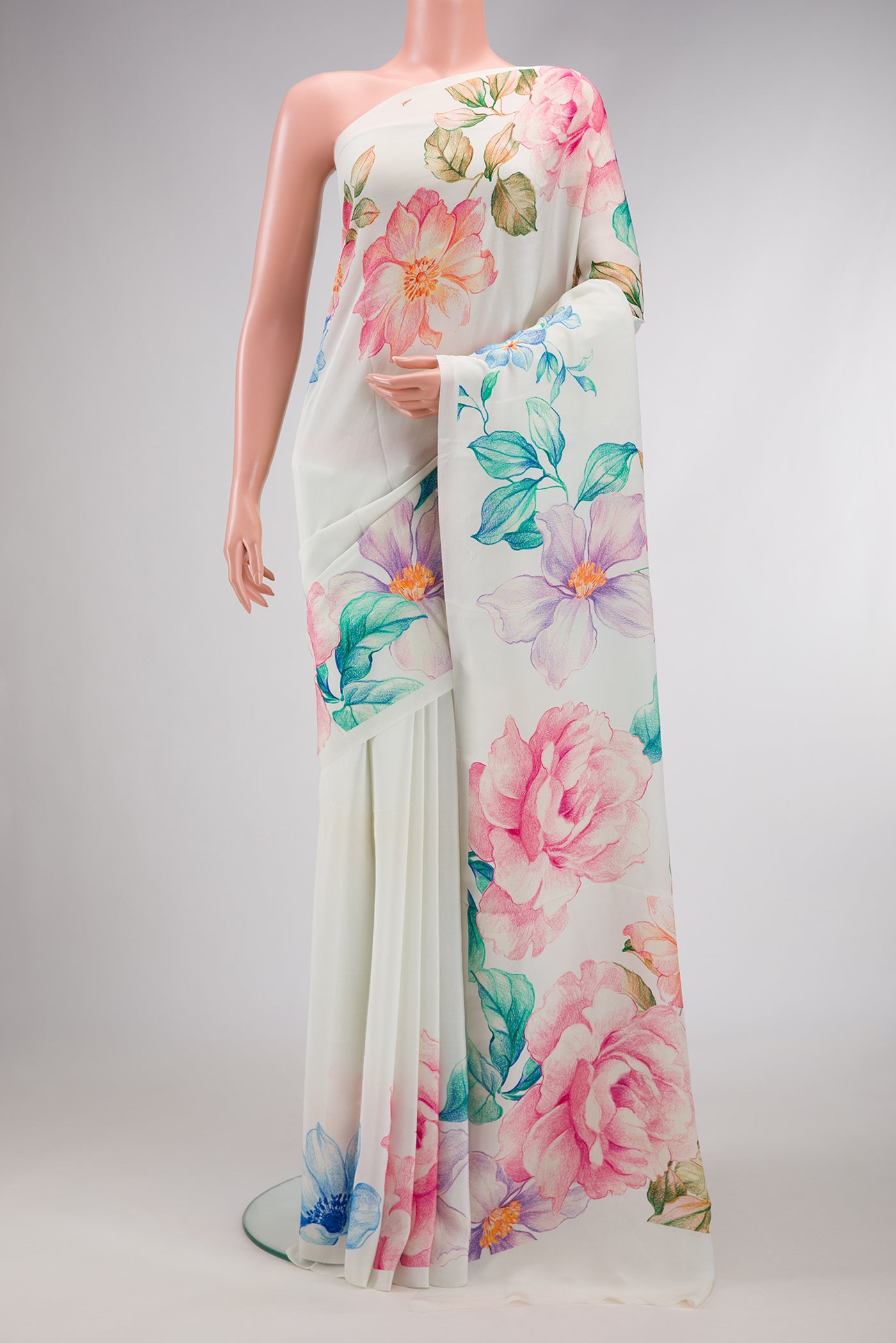 Off White Dual Tone Mysore Crepe Saree with Plain Body and Printed Border.  displayed on a mannequin