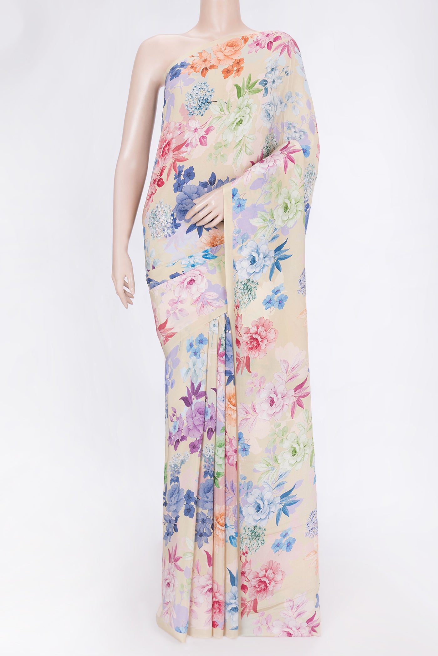 Sandal Dual Tone Mysore Crepe Saree with Printed design on the body and Without Border.  displayed on a mannequin