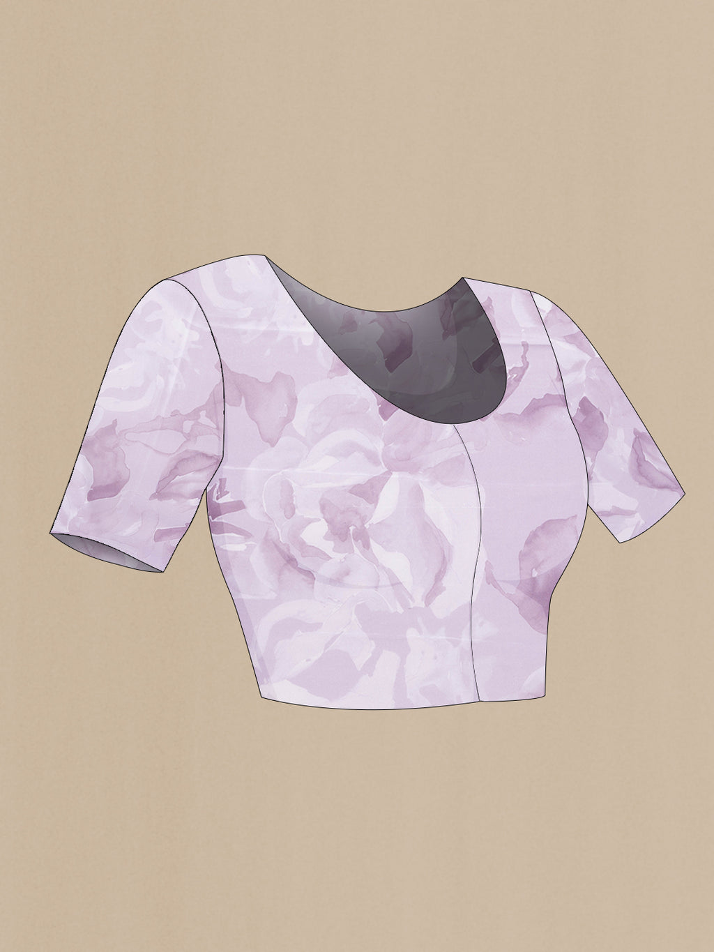 Close up image of the blouse of Lavender Dual Tone Mysore Crepe Saree with Printed design on the body and Plain Border. 
