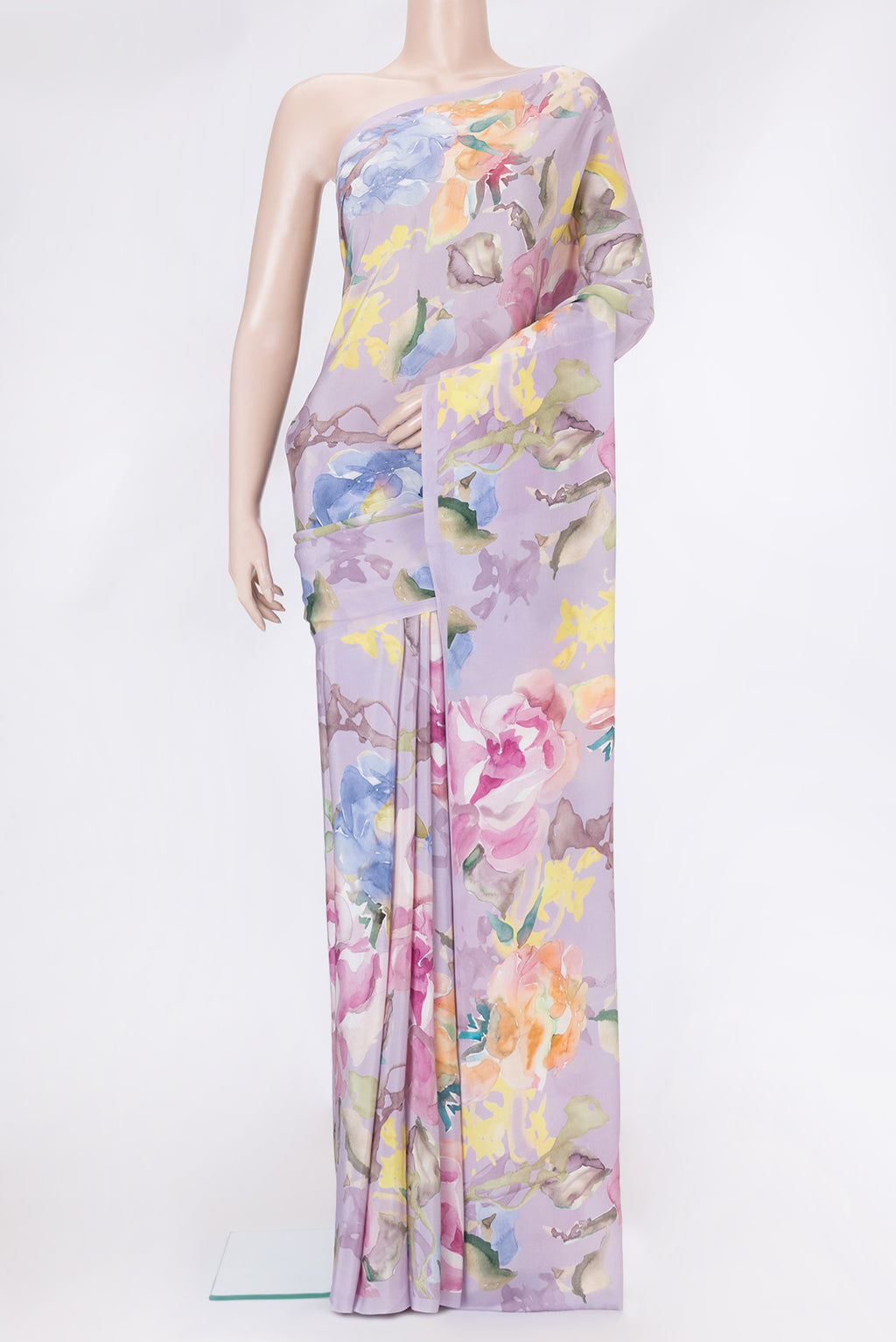 Lavender Dual Tone Mysore Crepe Saree with Printed design on the body and Plain Border.  displayed on a mannequin
