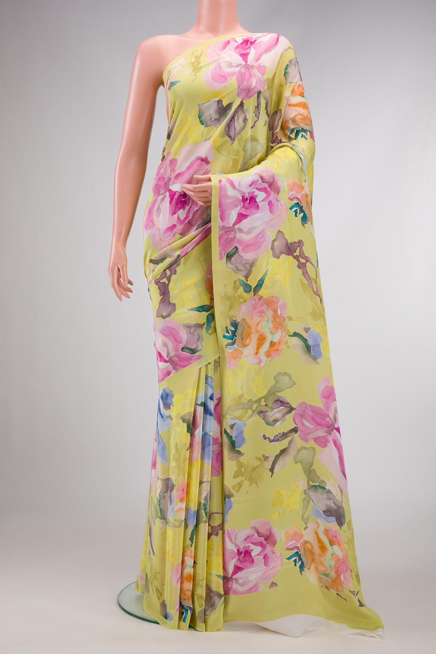 Light Green Dual Tone Mysore Crepe Saree with Printed design on the body and Without Border.  displayed on a mannequin