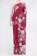 Dark Pink Dual Tone Crepe Saree with Printed design on the body and Without Border.  displayed on a mannequin