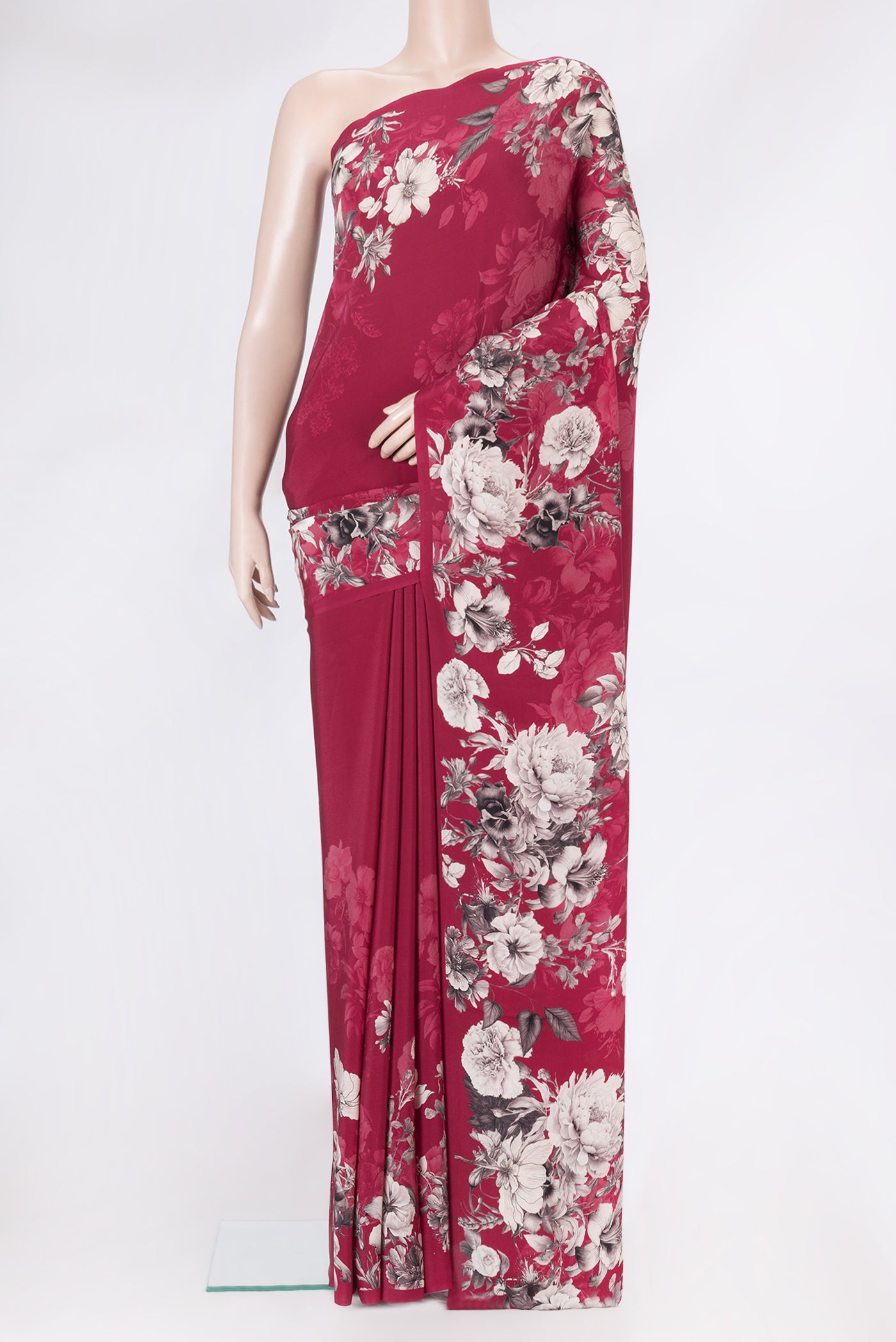 Dark Pink Dual Tone Crepe Saree with Printed design on the body and Without Border.  displayed on a mannequin