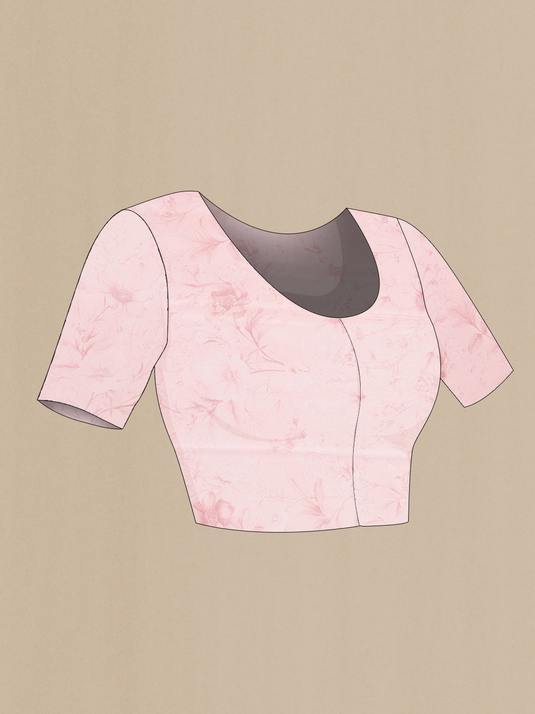 Close up image of the blouse of Rose Gold Crepe Saree with Floral Print on the body and Without Border. 