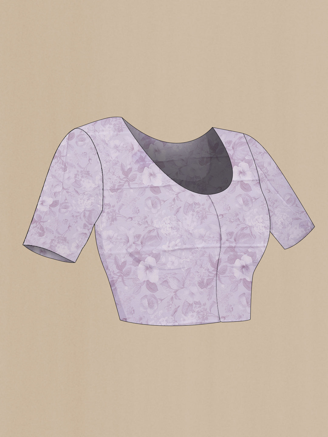 Close up image of the blouse of Lavender Dual Tone Mysore Crepe Saree with Printed design on the body and Plain Border. 