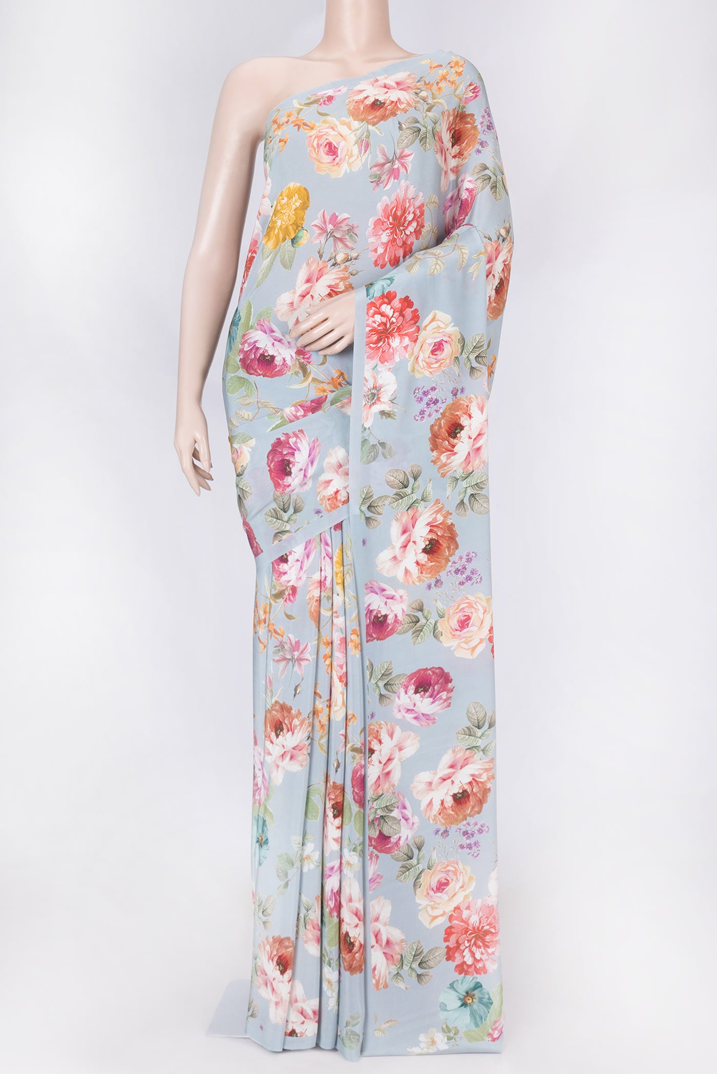 Grey Dual Tone Mysore Crepe Saree with Printed design on the body and Printed Border displayed on a mannequin