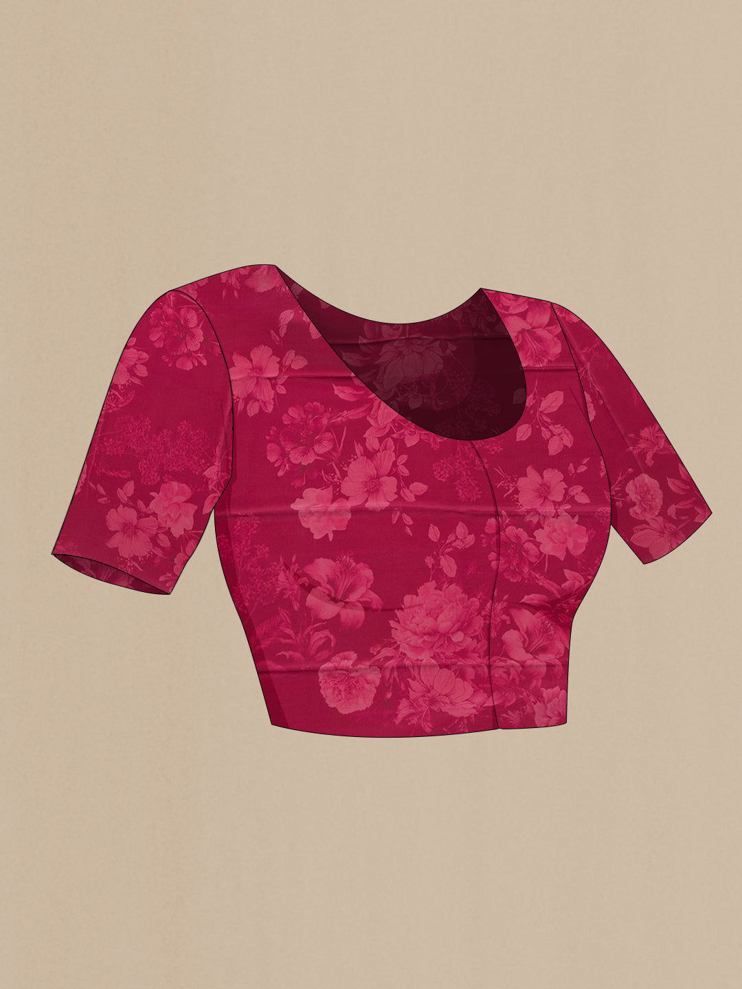 Close up image of the blouse of Dark Pink Dual Tone Mysore Crepe Saree with Printed design on the body and Zari Border. 