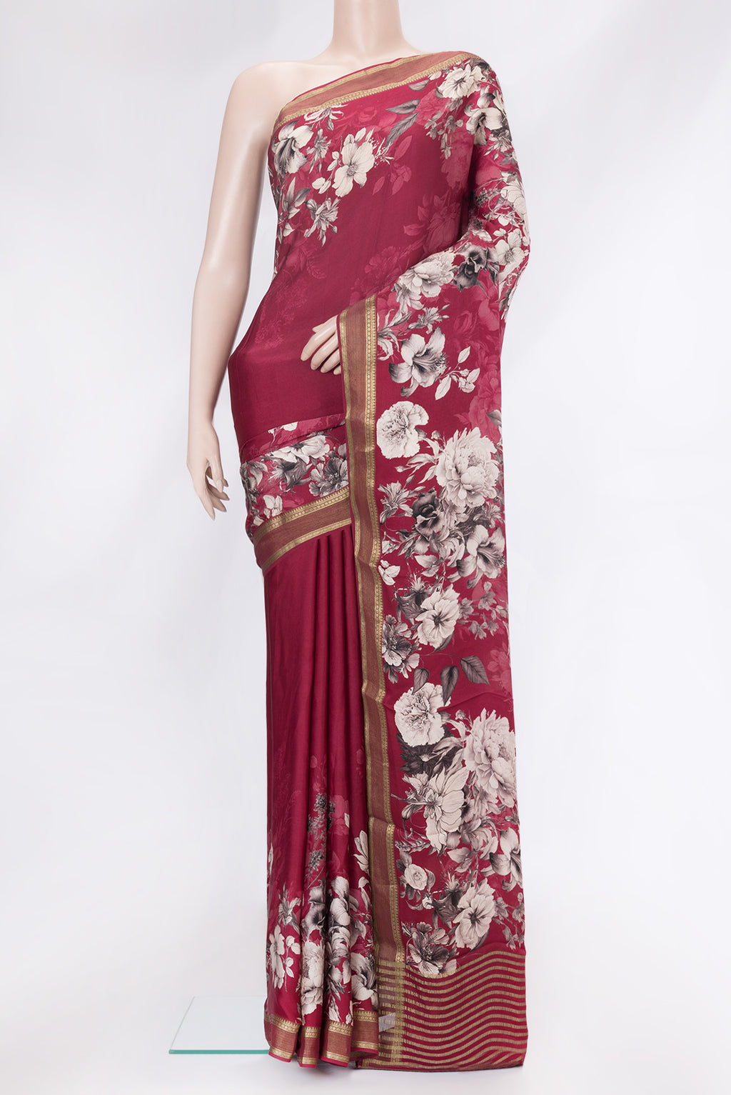 Dark Pink Dual Tone Mysore Crepe Saree with Printed design on the body and Zari Border.  displayed on a mannequin