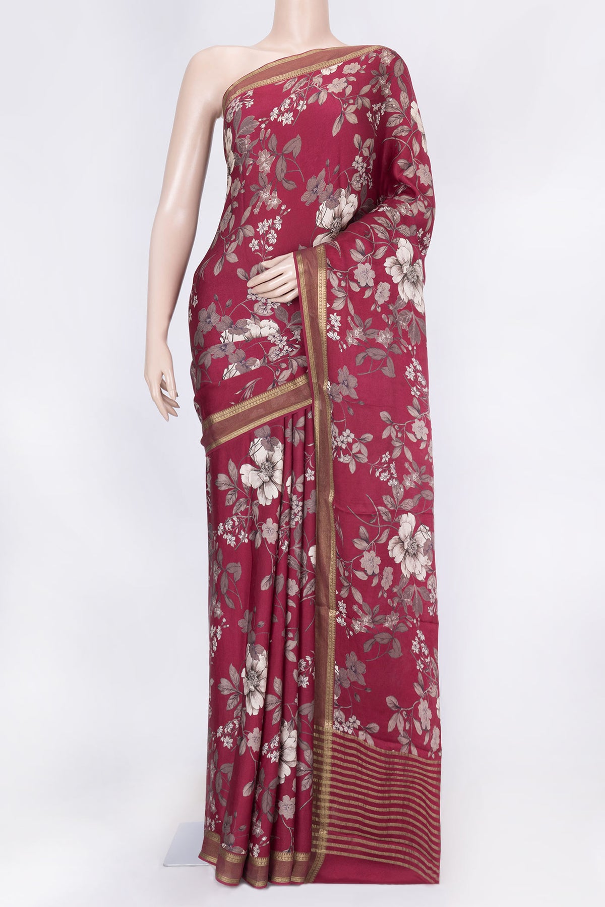 Dark Pink Dual Tone Tussar Silk Saree with Printed design on the body and Zari Border displayed on a mannequin