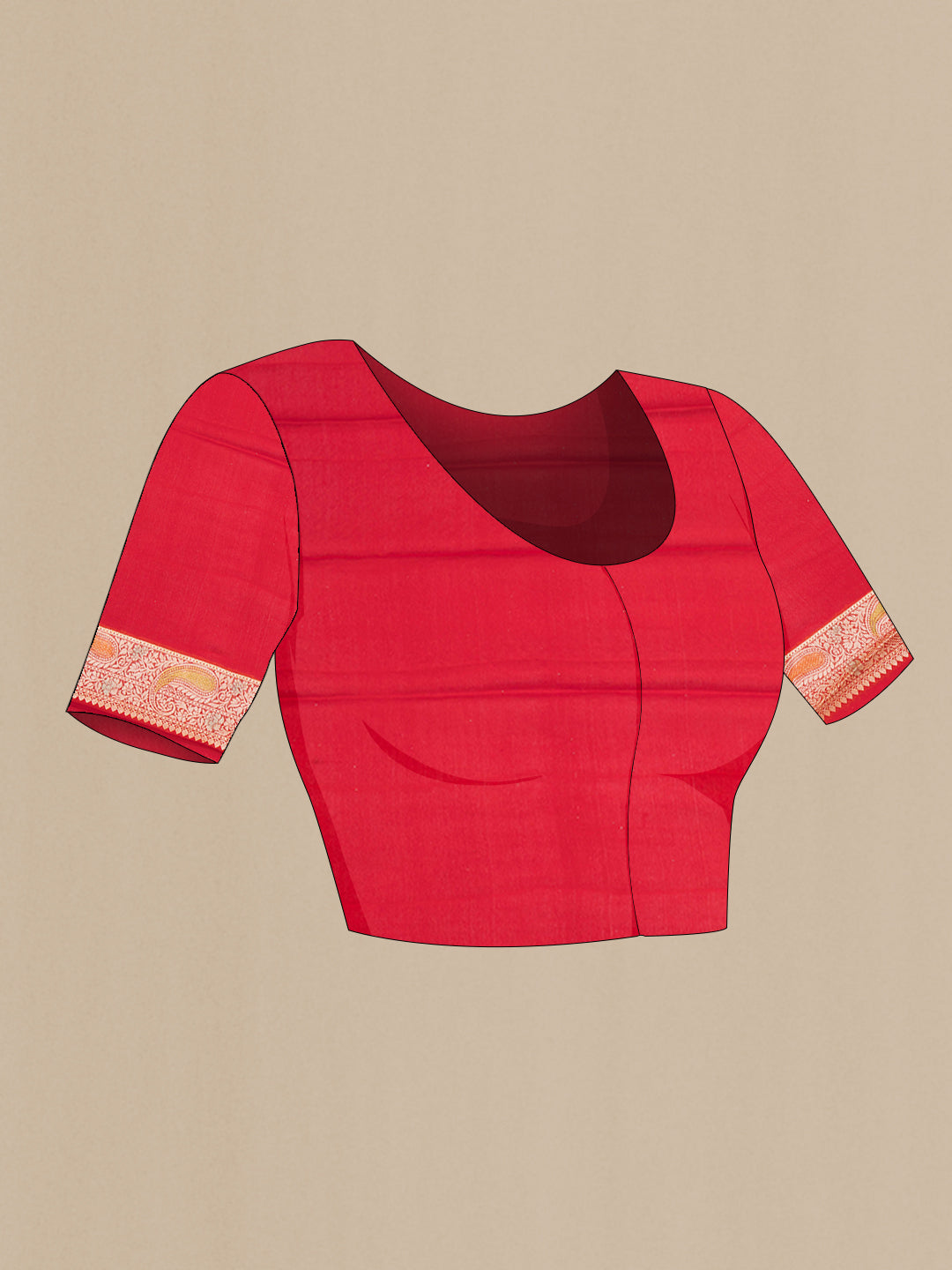 Close up image of the blouse of Red Banarasi Georgette Saree with Zari Brocade on the body and Zari Border. 