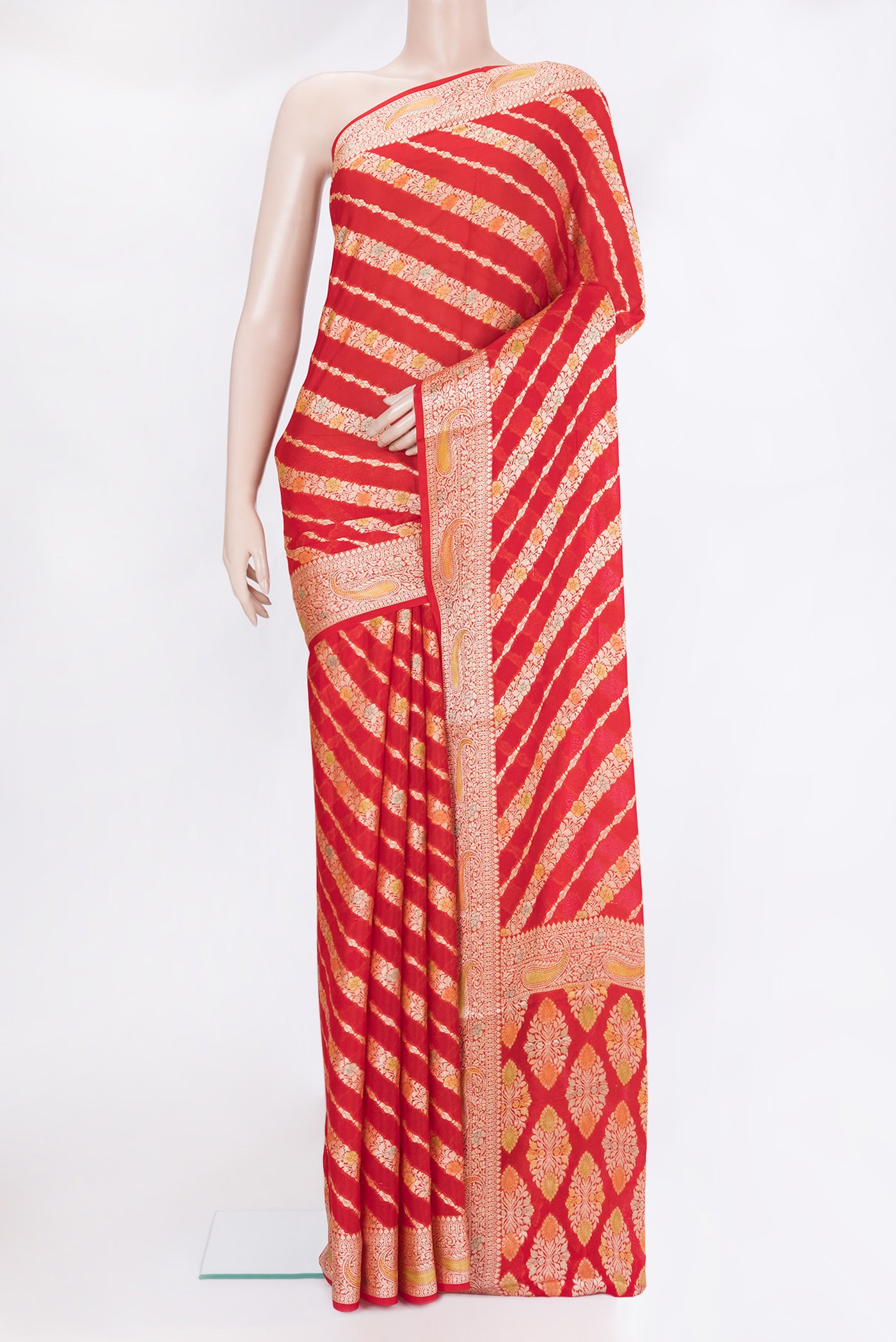 Red Banarasi Georgette Saree with Zari Brocade on the body and Zari Border.  displayed on a mannequin