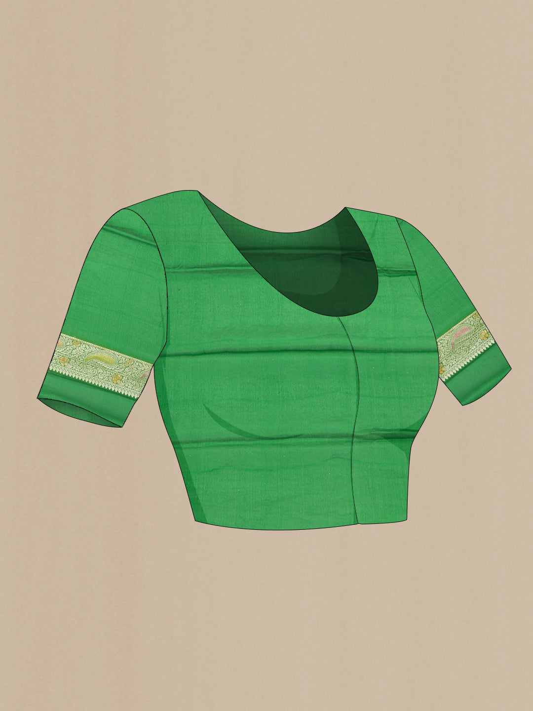 Close up image of the blouse of Green Banarasi Georgette Saree with Zari Brocade on the body and Zari Border. 