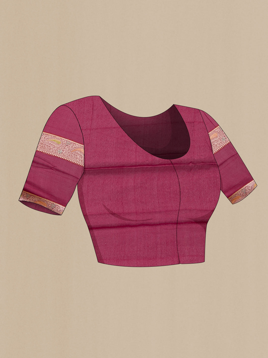 Close up image of the blouse of Maroon Banarasi Georgette Saree with Zari Brocade on the body and Zari And Thread Border. 