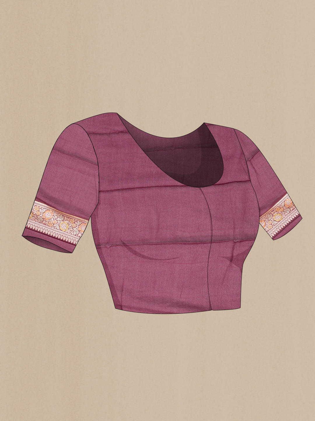 Close up image of the blouse of Maroon Dual Tone Mysore Georgette Saree with Zari Brocade on the body and Thread Border. 