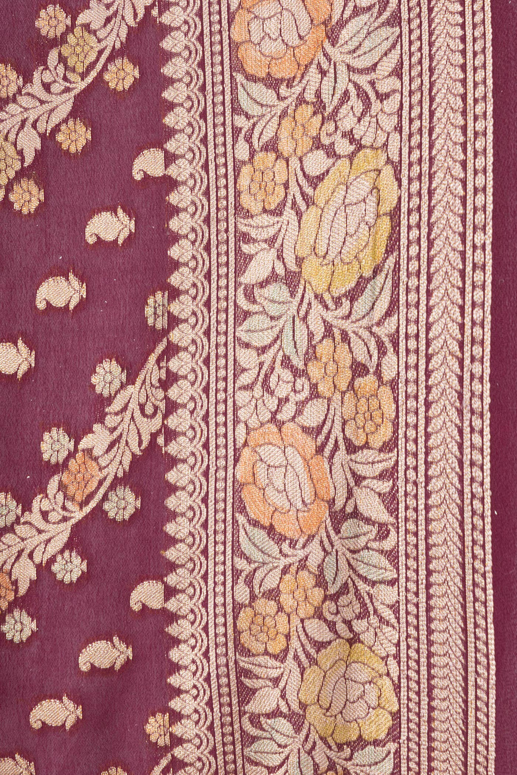Border image of Maroon Dual Tone Mysore Georgette Saree with Zari Brocade on the body and Thread Border. 