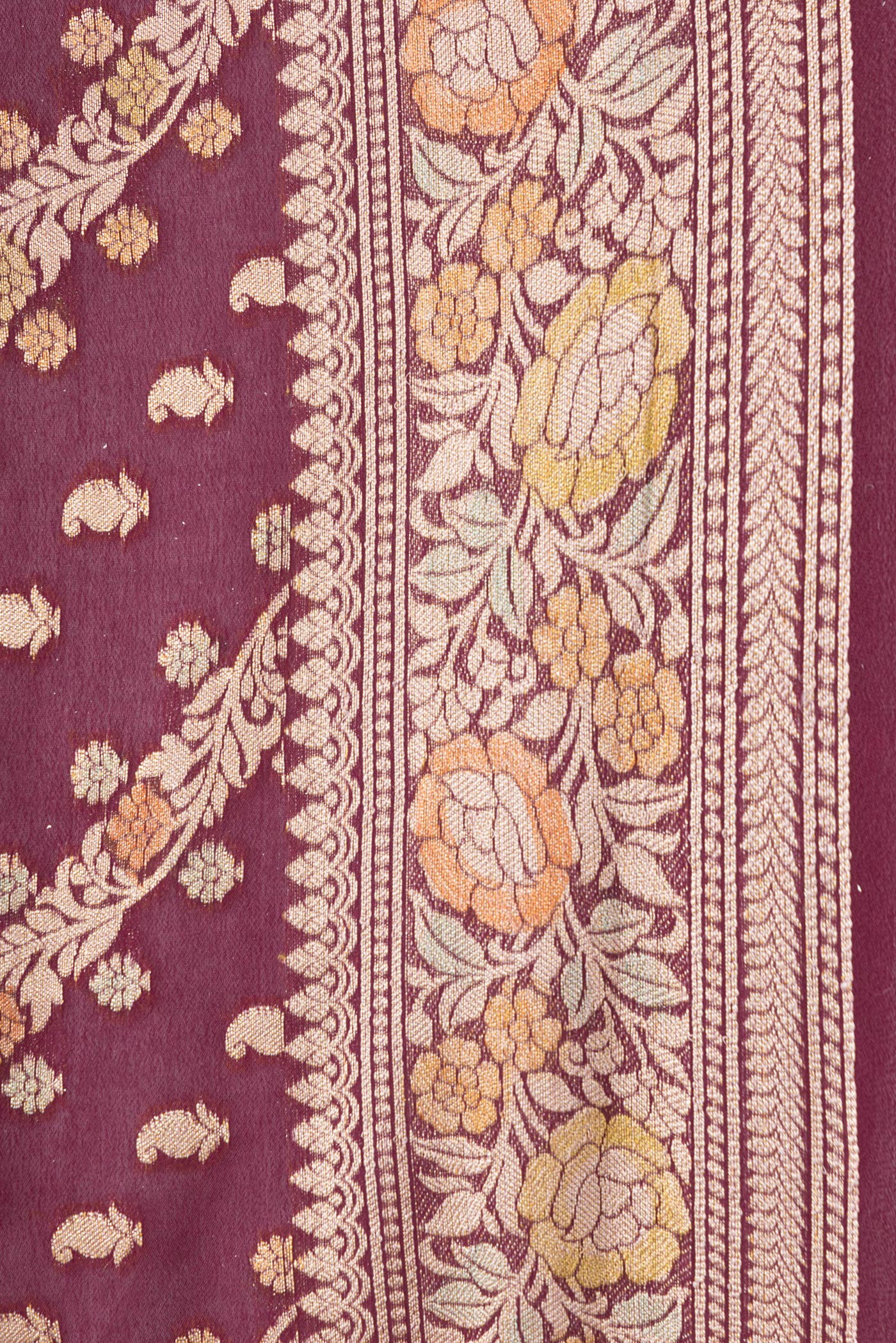 Border image of Maroon Dual Tone Mysore Georgette Saree with Zari Brocade on the body and Thread Border. 