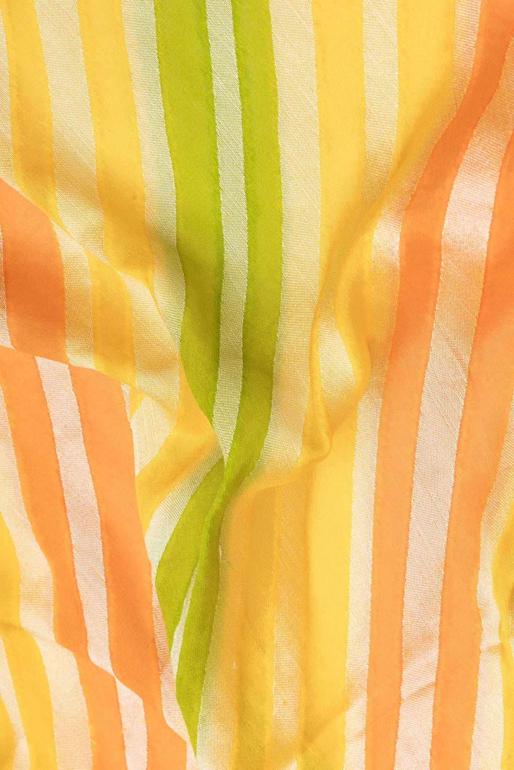 Close up of Multi Color Banarasi Georgette Saree with Stripes on the body and Zari And Thread Border.  displaying folds