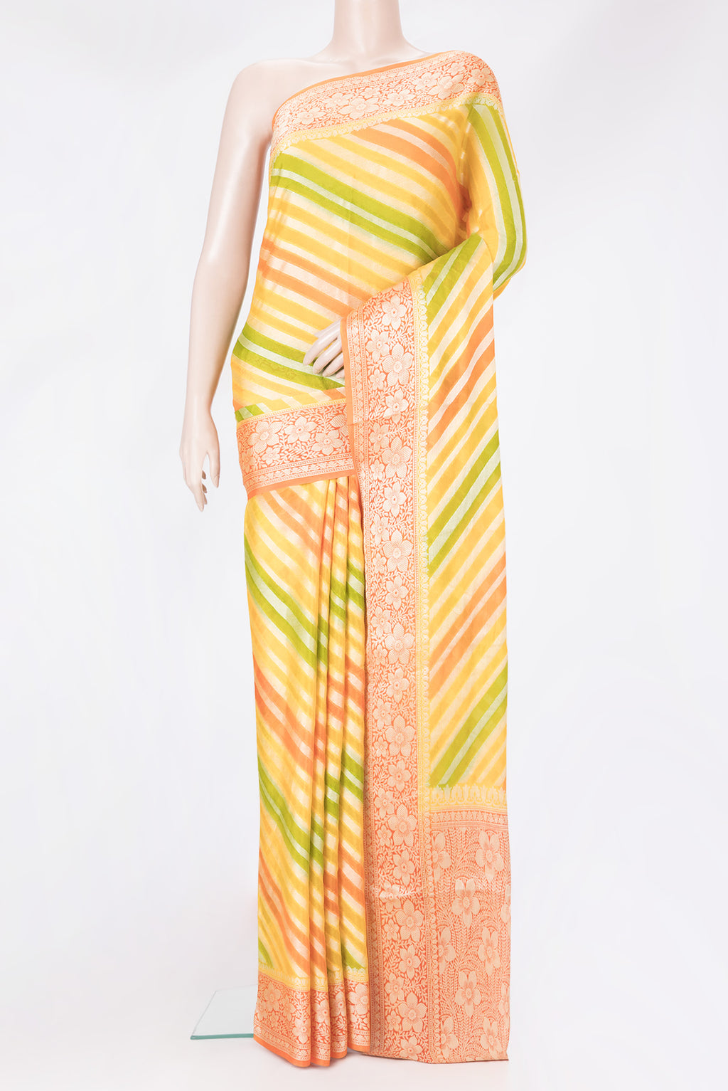 Multi Color Banarasi Georgette Saree with Stripes on the body and Zari And Thread Border.  displayed on a mannequin
