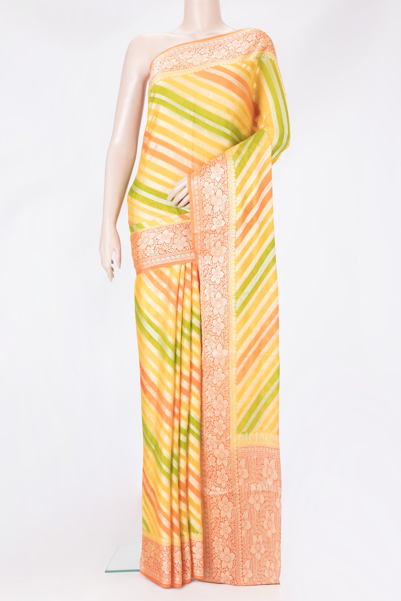Multi Color Banarasi Georgette Saree with Stripes on the body and Zari And Thread Border.  displayed on a mannequin