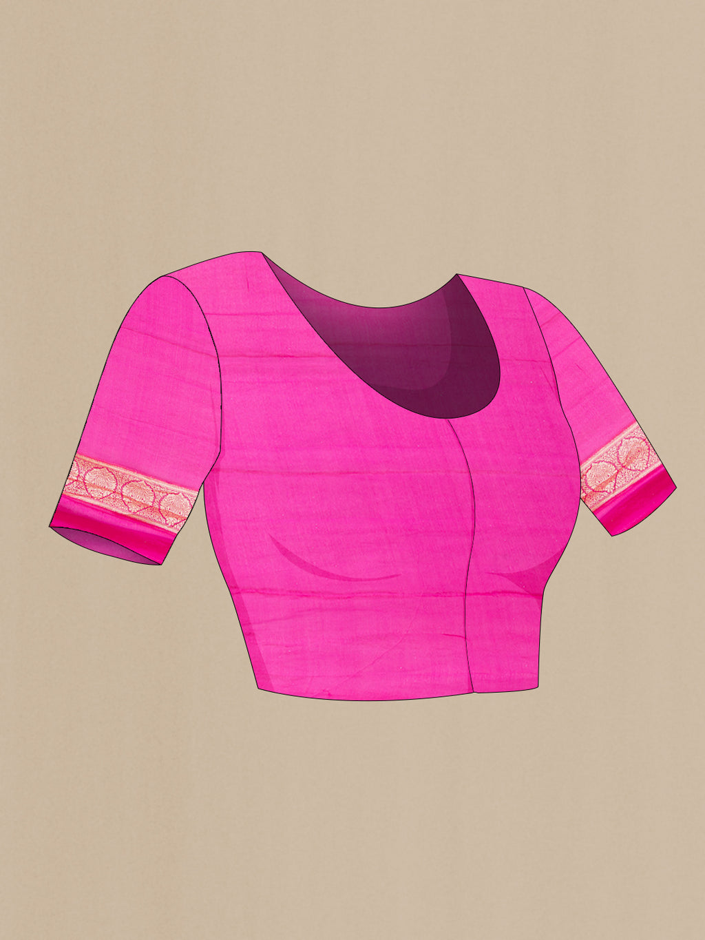 Close up image of the blouse of Pink Banarasi Georgette Saree with Zari And Thread Butta on the body and Zari Border. 