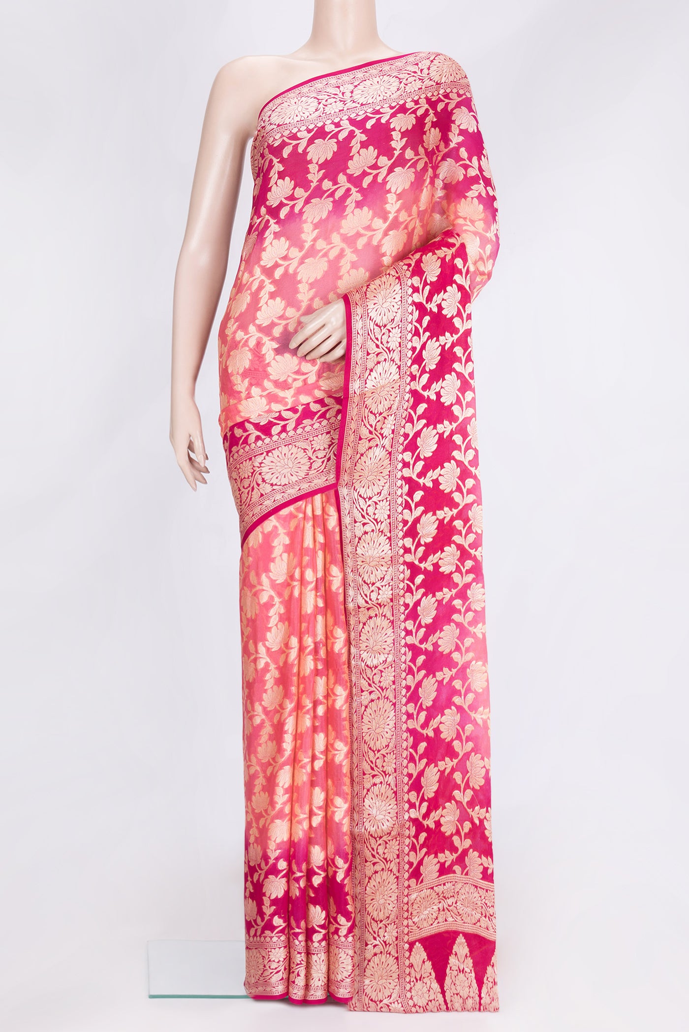 Pink Dual Tone Mysore Georgette Saree with Zari Brocade on the body and Thread Border.  displayed on a mannequin