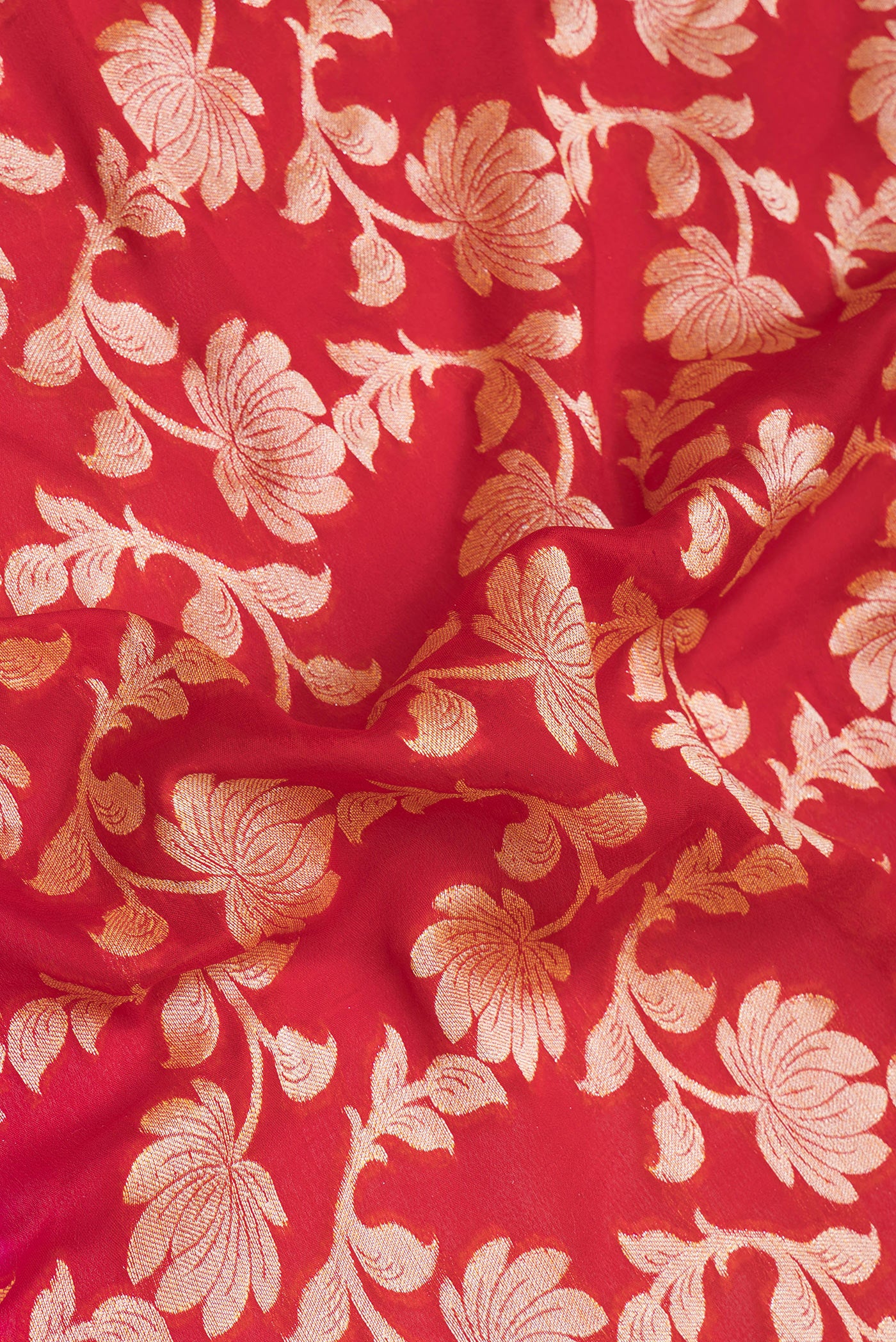Close up of Red Banarasi Georgette Saree with Zari Brocade on the body and Zari Border.  displaying folds