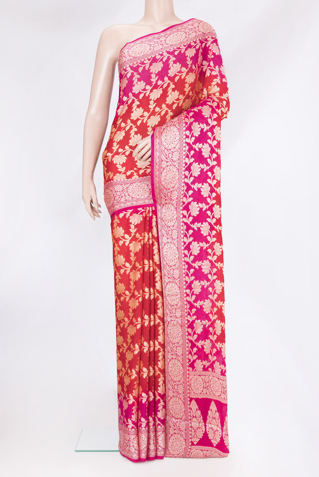 Red Banarasi Georgette Saree with Zari Brocade on the body and Zari Border.  displayed on a mannequin