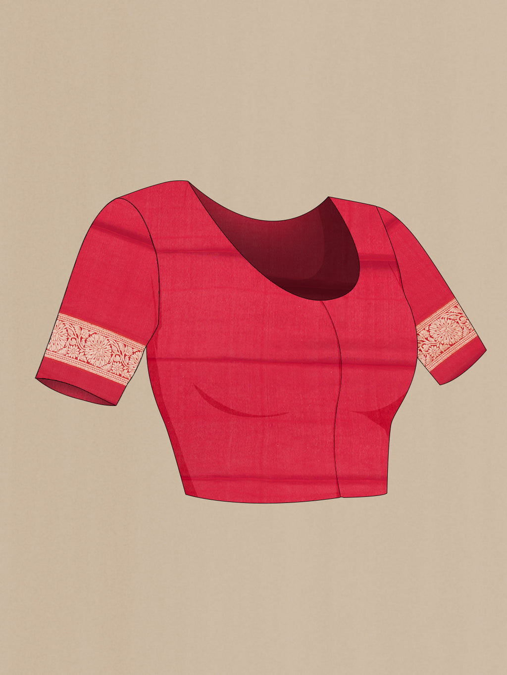 Close up image of the blouse of Orange Banarasi Georgette Saree with Zari Brocade on the body and Zari Border. 