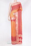 Orange Banarasi Georgette Saree with Zari Brocade on the body and Zari Border.  displayed on a mannequin
