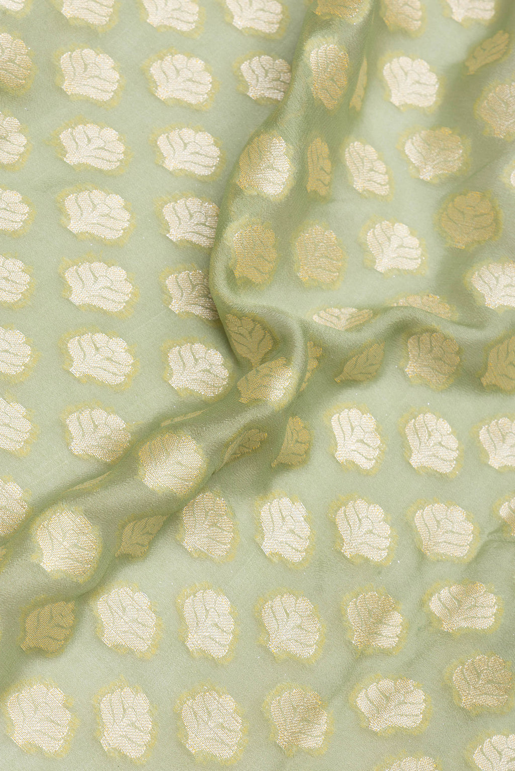 Close up of Light Green Banarasi Georgette Saree with Zari Brocade on the body and Zari Border.  displaying folds