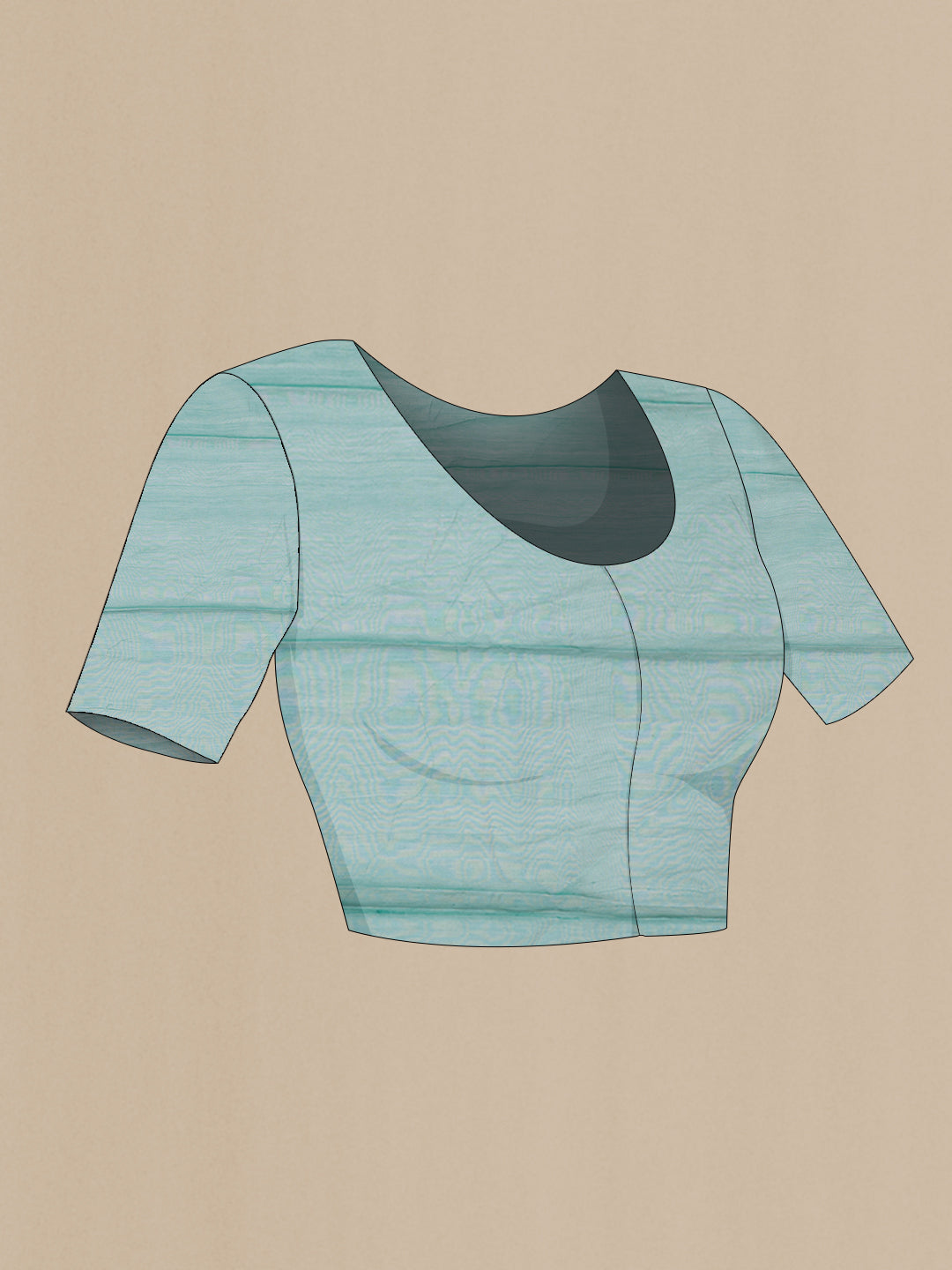 Close up image of the blouse of Sea Green Dual Tone Organza Silk Saree with Zari Butta on the body and Zari Border. 