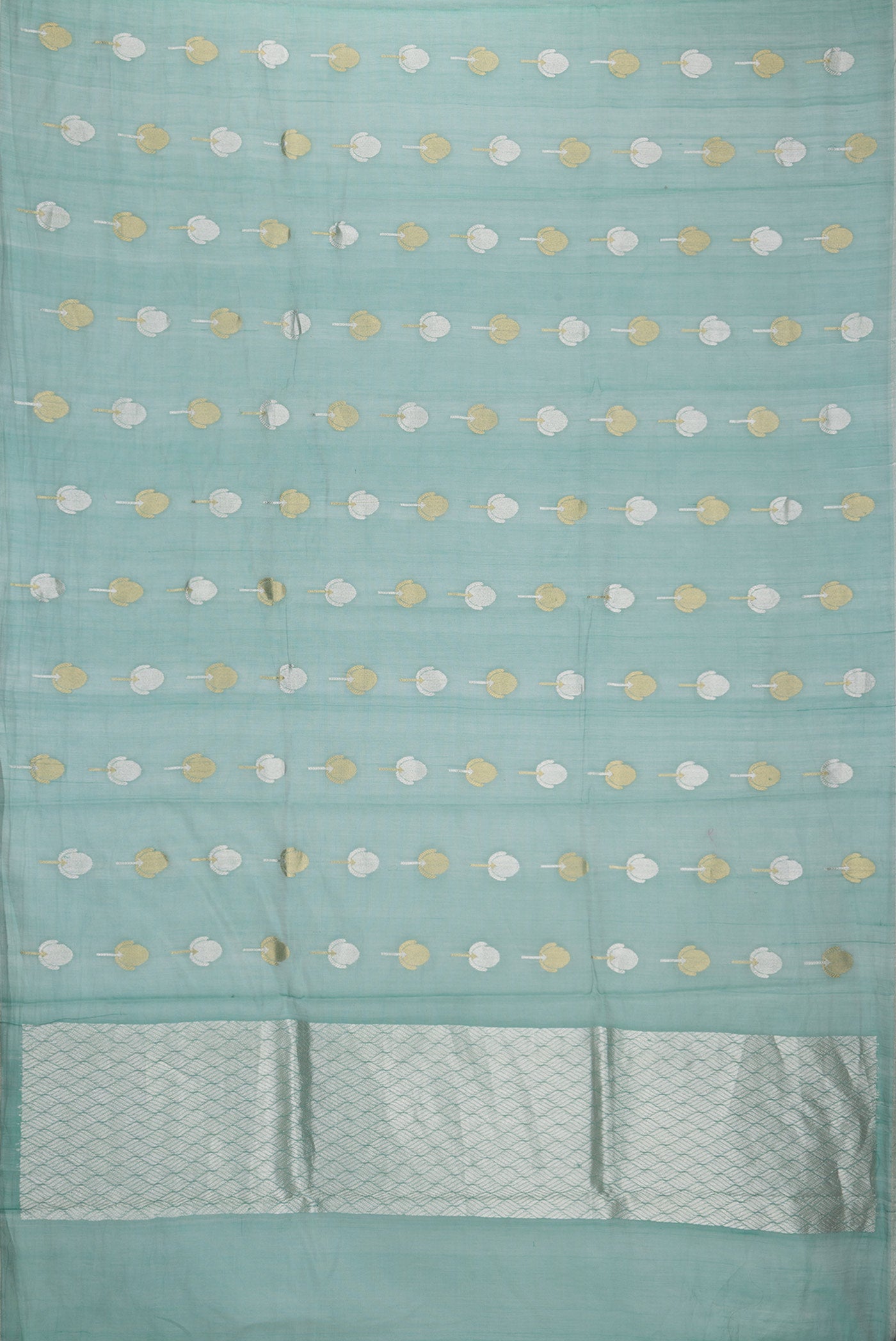 Flat view of Sea Green Dual Tone Organza Silk Saree with Zari Butta on the body and Zari Border. 