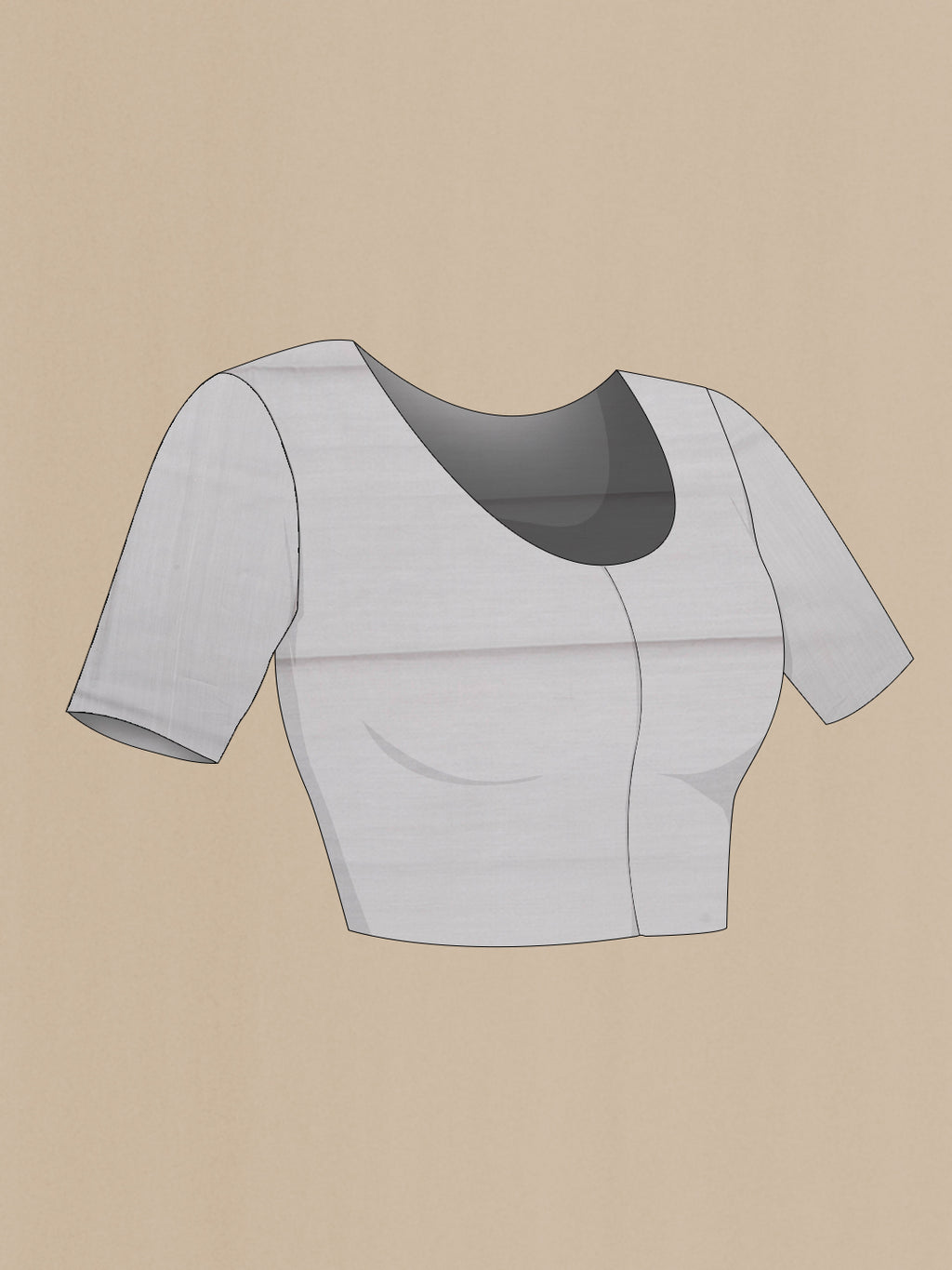 Close up image of the blouse of Grey Tussar Silk Saree with Stripes on the body and Without Border. 